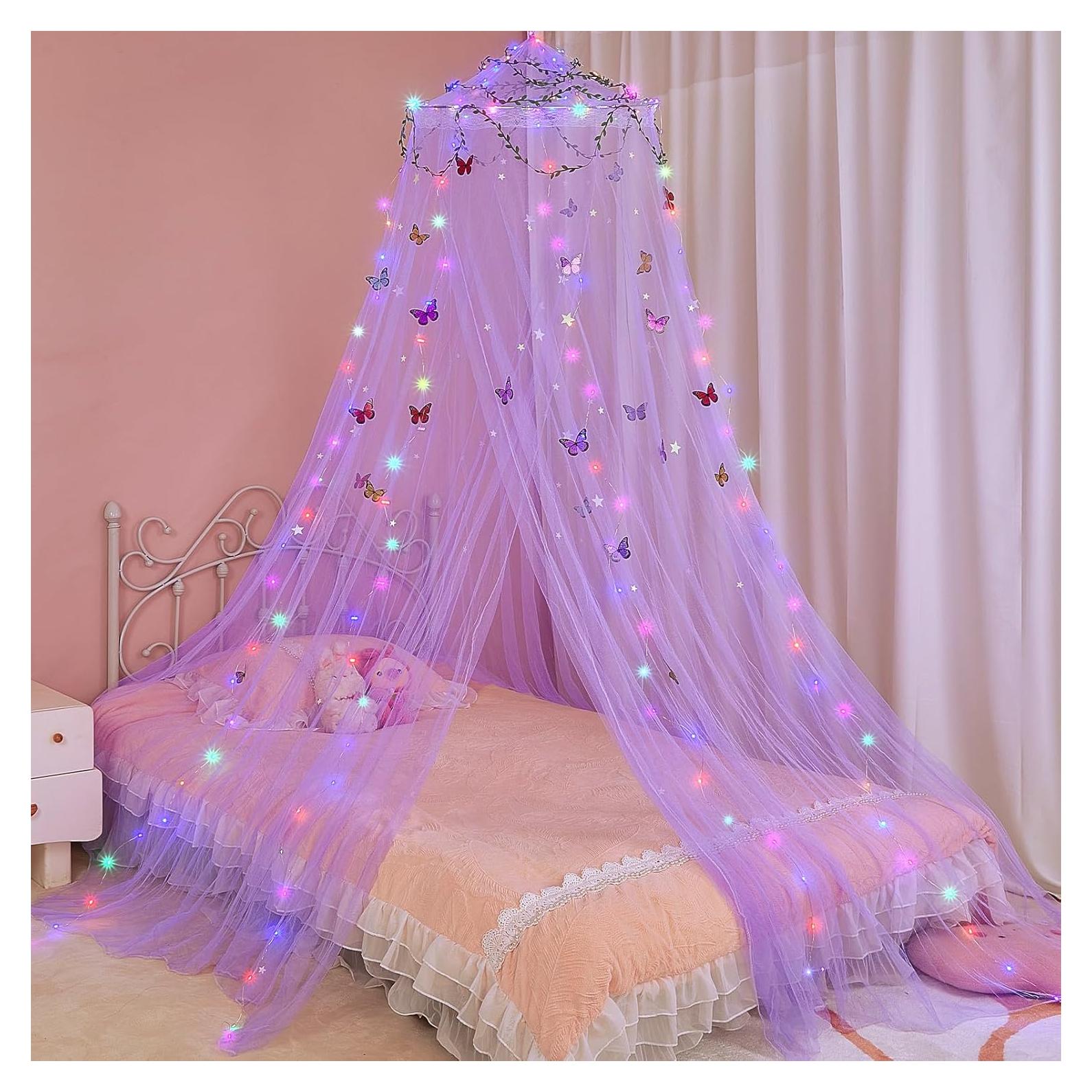 Dosel de Cama para Niñas FIOBEE con Luces LED y Mosquitera