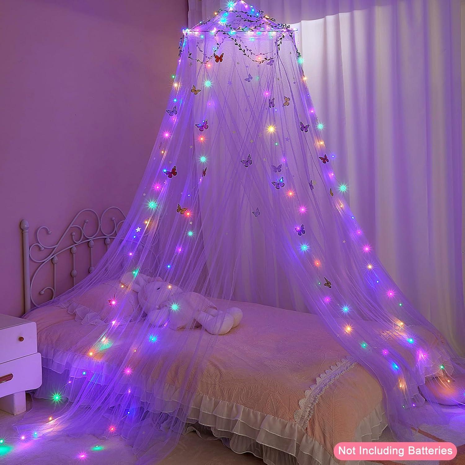 Dosel de Cama para Niñas FIOBEE con Luces LED y Mosquitera