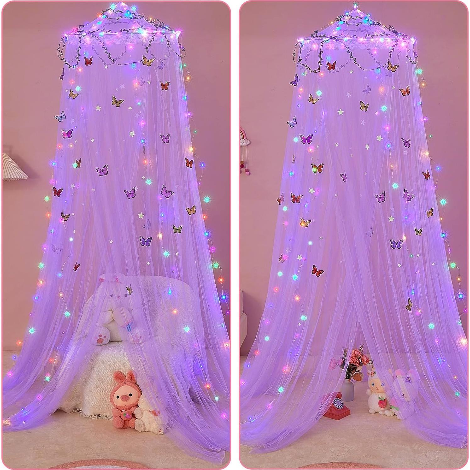 Dosel de Cama para Niñas FIOBEE con Luces LED y Mosquitera