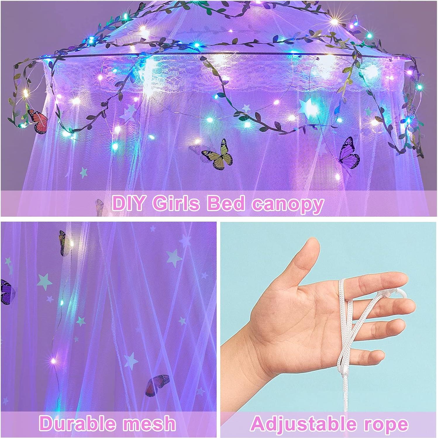 Dosel de Cama para Niñas FIOBEE con Luces LED y Mosquitera