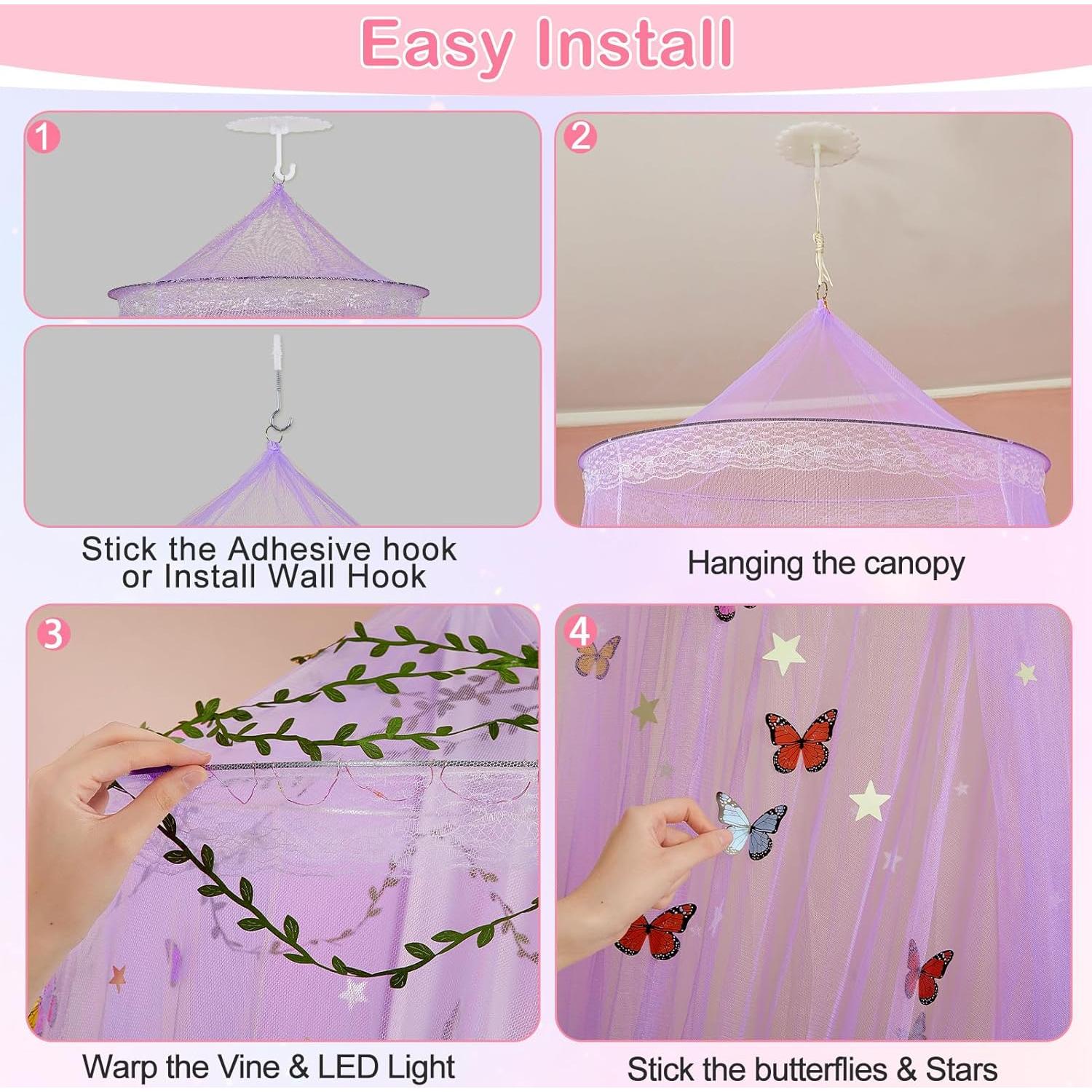 Dosel de Cama para Niñas FIOBEE con Luces LED y Mosquitera