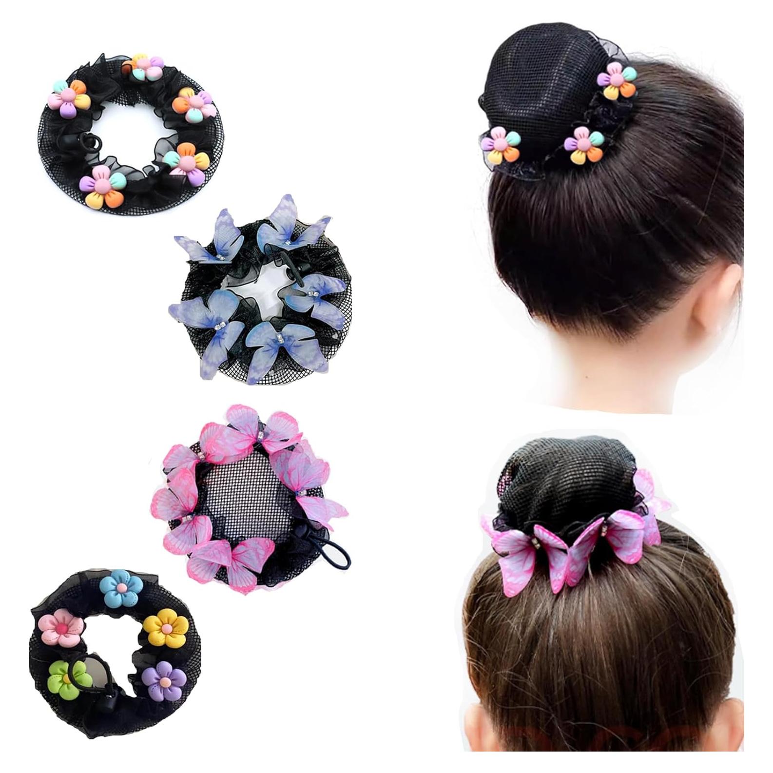 4 Piezas Cubierta de Moño para Cabello Niñas Mariposas y Flores