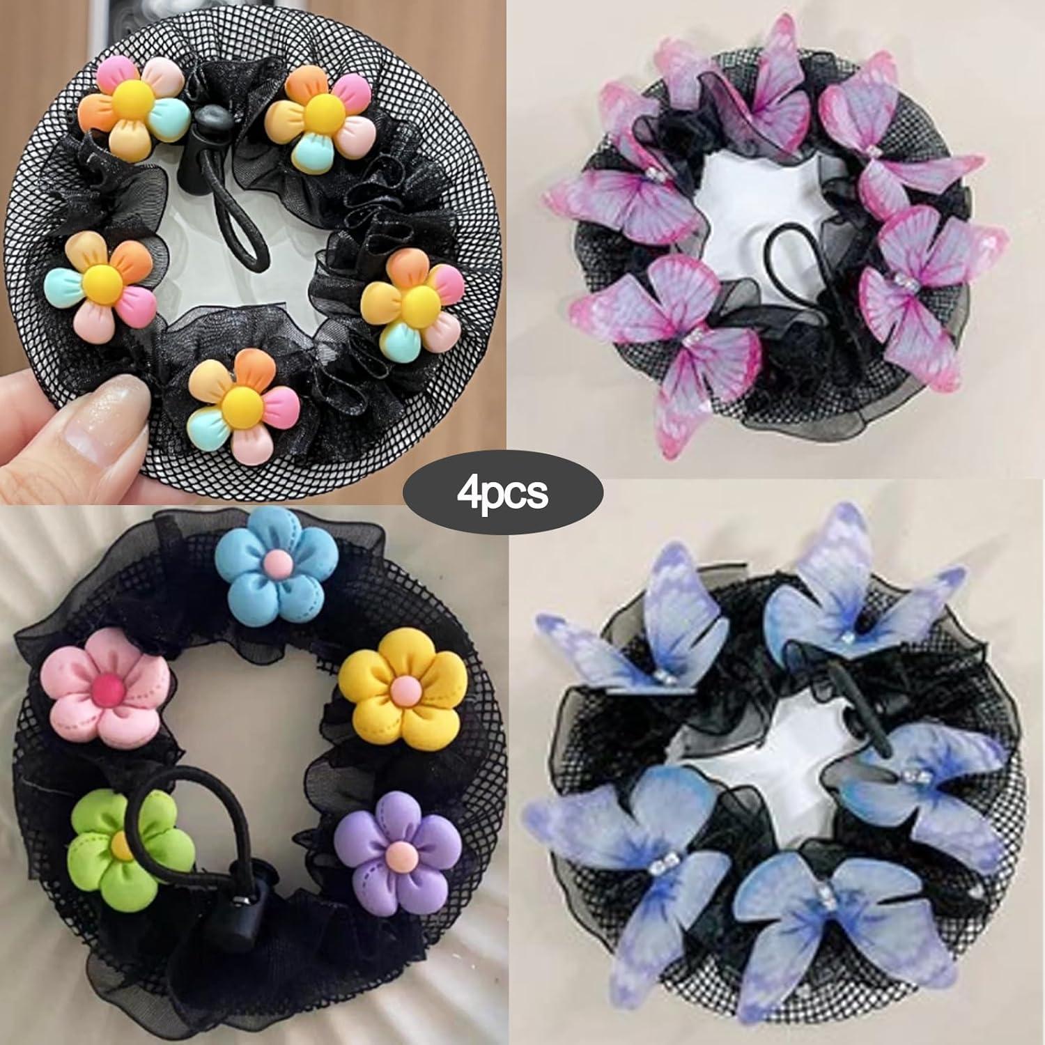 4 Piezas Cubierta de Moño para Cabello Niñas Mariposas y Flores