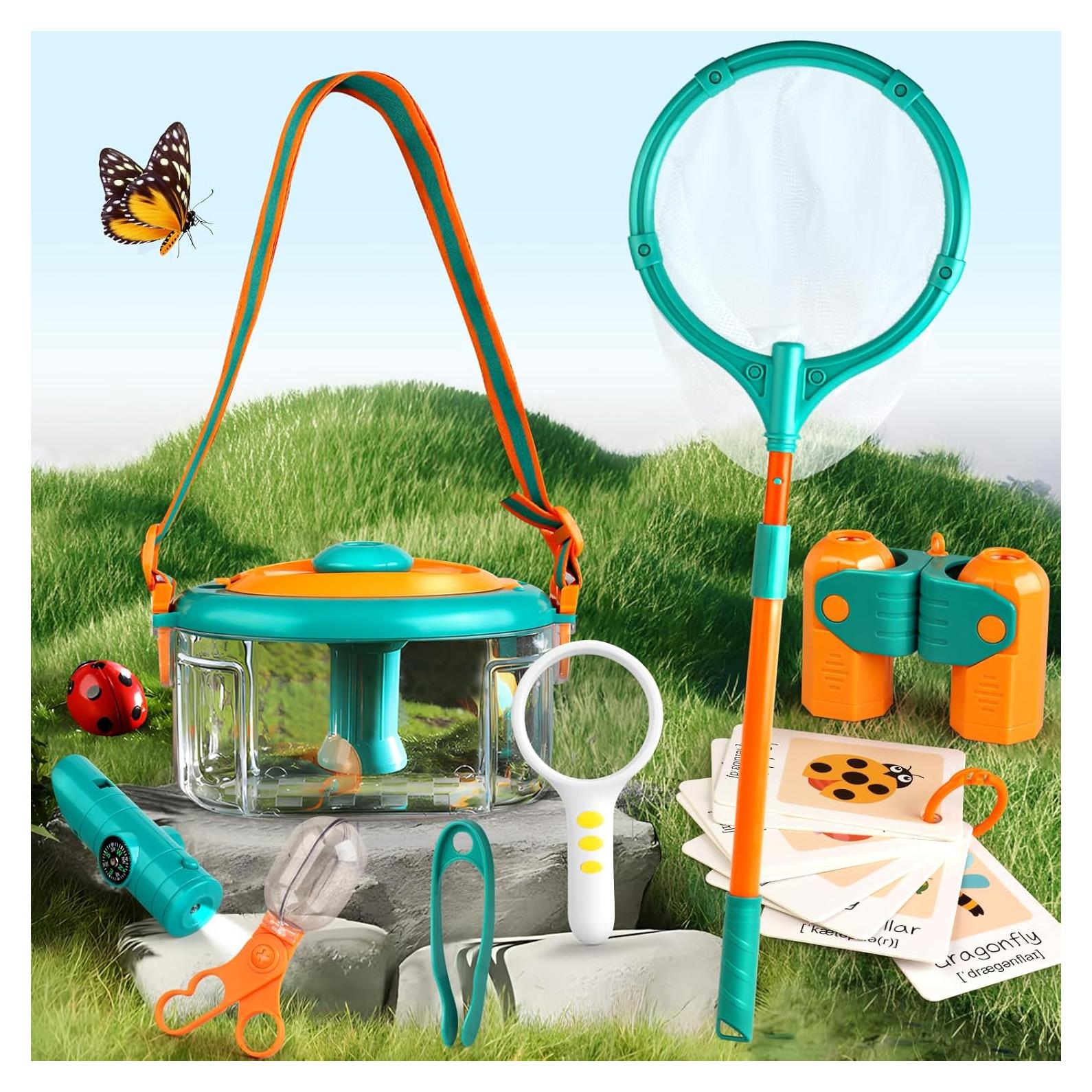 Bug Catcher for Kids Outdoors Toys, Bug Catching Kit with Butterfly Net, Critter Keeper, Magnifying Glass, Bug Catchers, Tweezers & Learning Cards, Kids Explorer Camping Kit Child Gifts