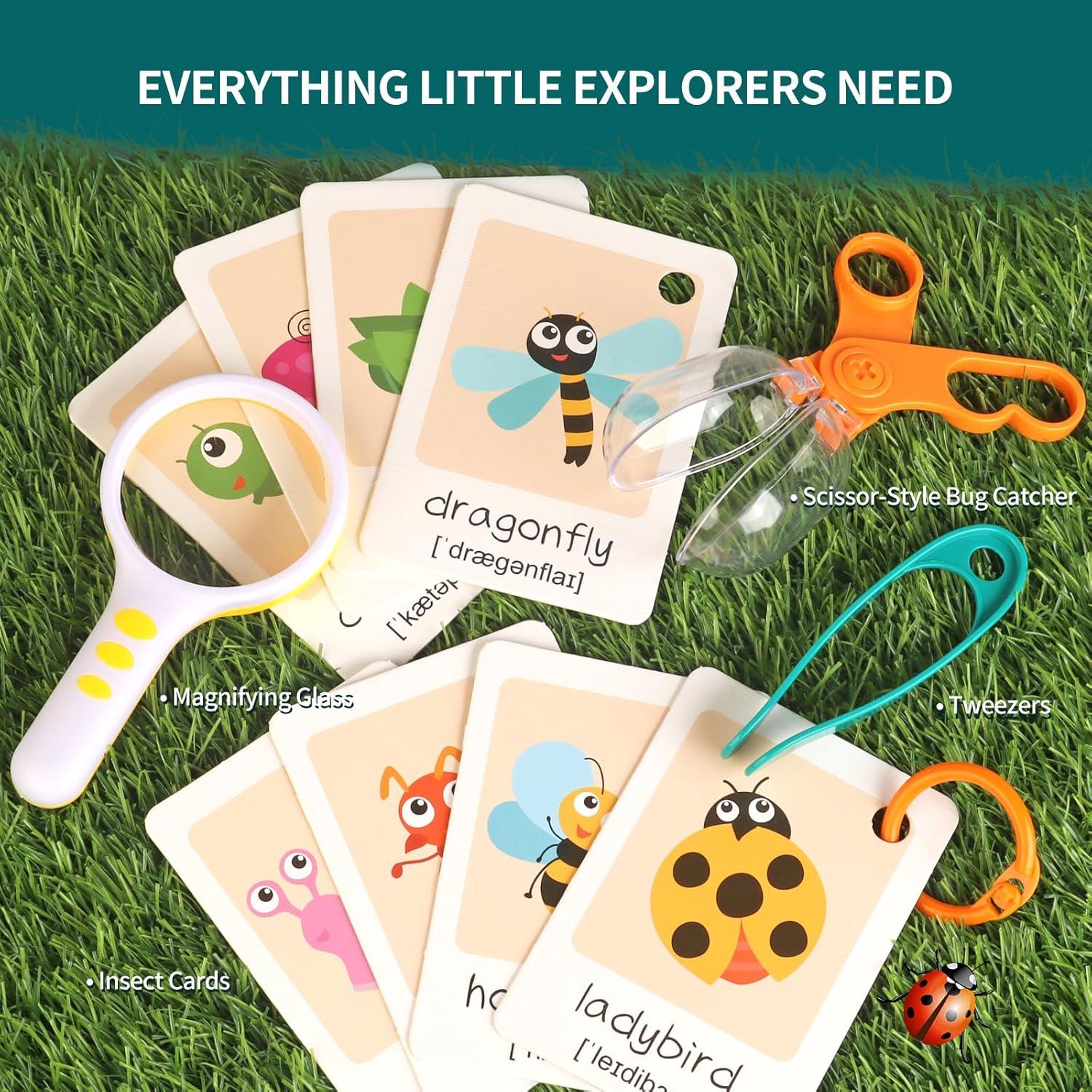 Bug Catcher for Kids Outdoors Toys, Bug Catching Kit with Butterfly Net, Critter Keeper, Magnifying Glass, Bug Catchers, Tweezers & Learning Cards, Kids Explorer Camping Kit Child Gifts
