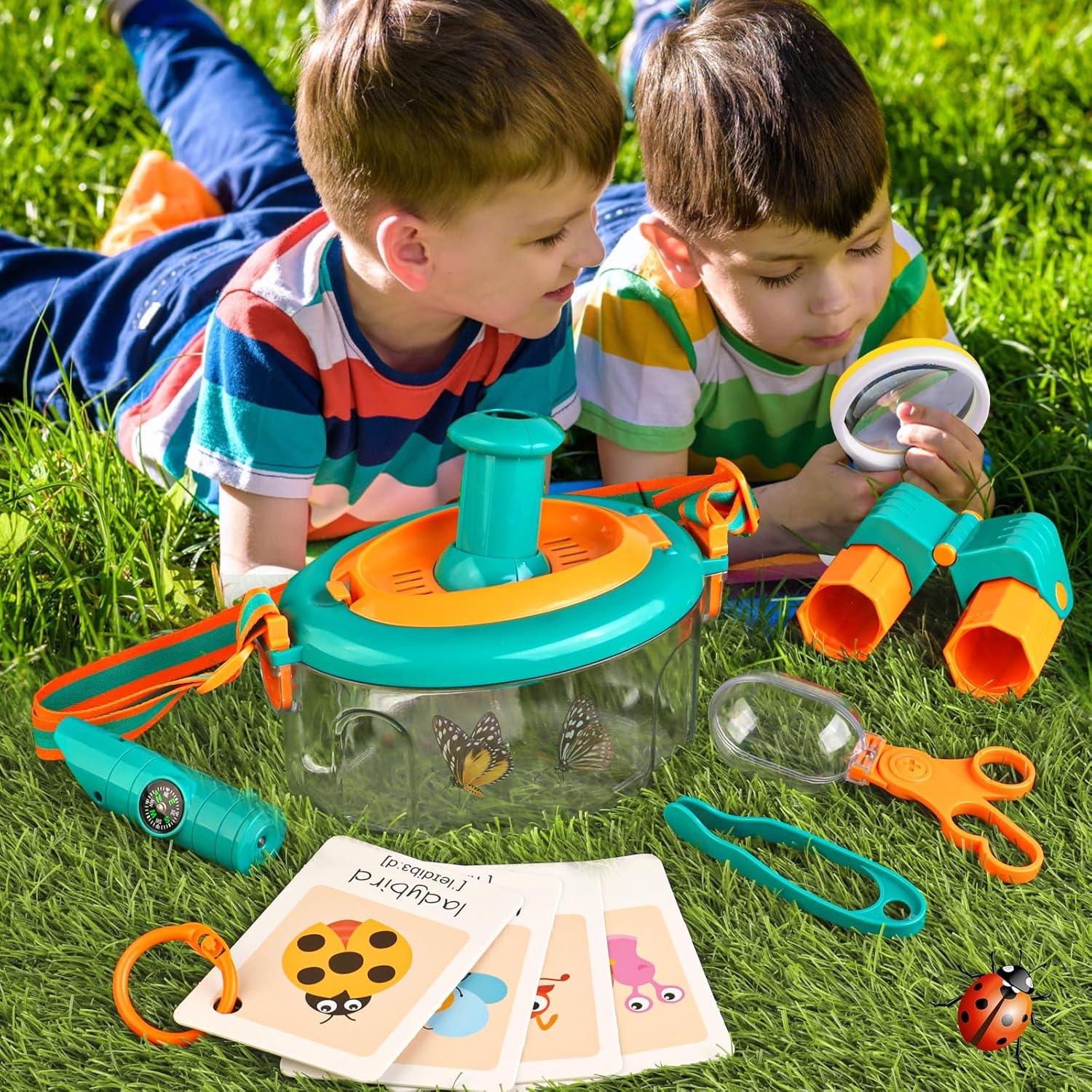 Bug Catcher for Kids Outdoors Toys, Bug Catching Kit with Butterfly Net, Critter Keeper, Magnifying Glass, Bug Catchers, Tweezers & Learning Cards, Kids Explorer Camping Kit Child Gifts
