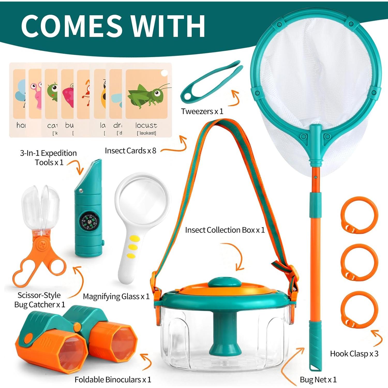 Bug Catcher for Kids Outdoors Toys, Bug Catching Kit with Butterfly Net, Critter Keeper, Magnifying Glass, Bug Catchers, Tweezers & Learning Cards, Kids Explorer Camping Kit Child Gifts