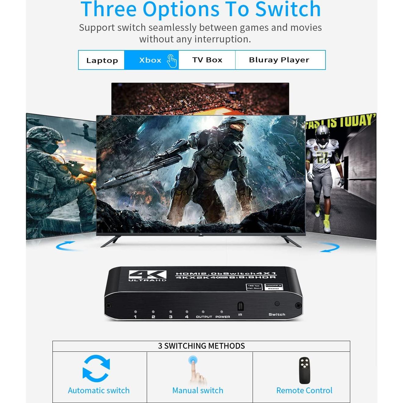 Conmutador HDMI 4K Koopman MOSOY 4 Puertos Control Remoto