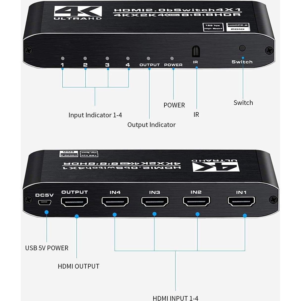 Conmutador HDMI 4K Koopman MOSOY 4 Puertos Control Remoto