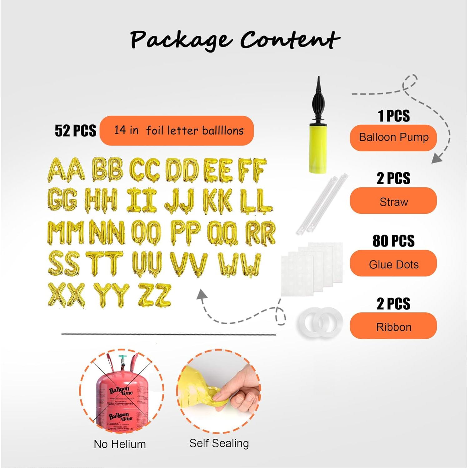 53 Globos de Letras Doradas 40 cm con Bomba para Fiesta