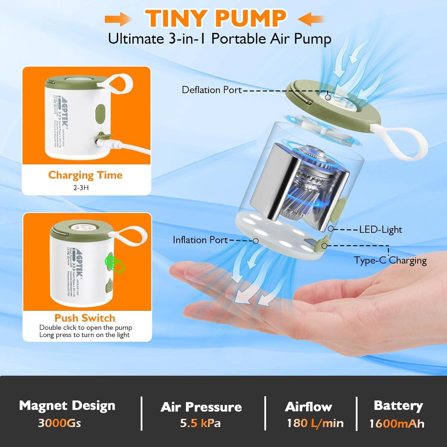 Bomba de Aire Eléctrica Portátil AGPTEK 5.5kPa 1600mAh Verde