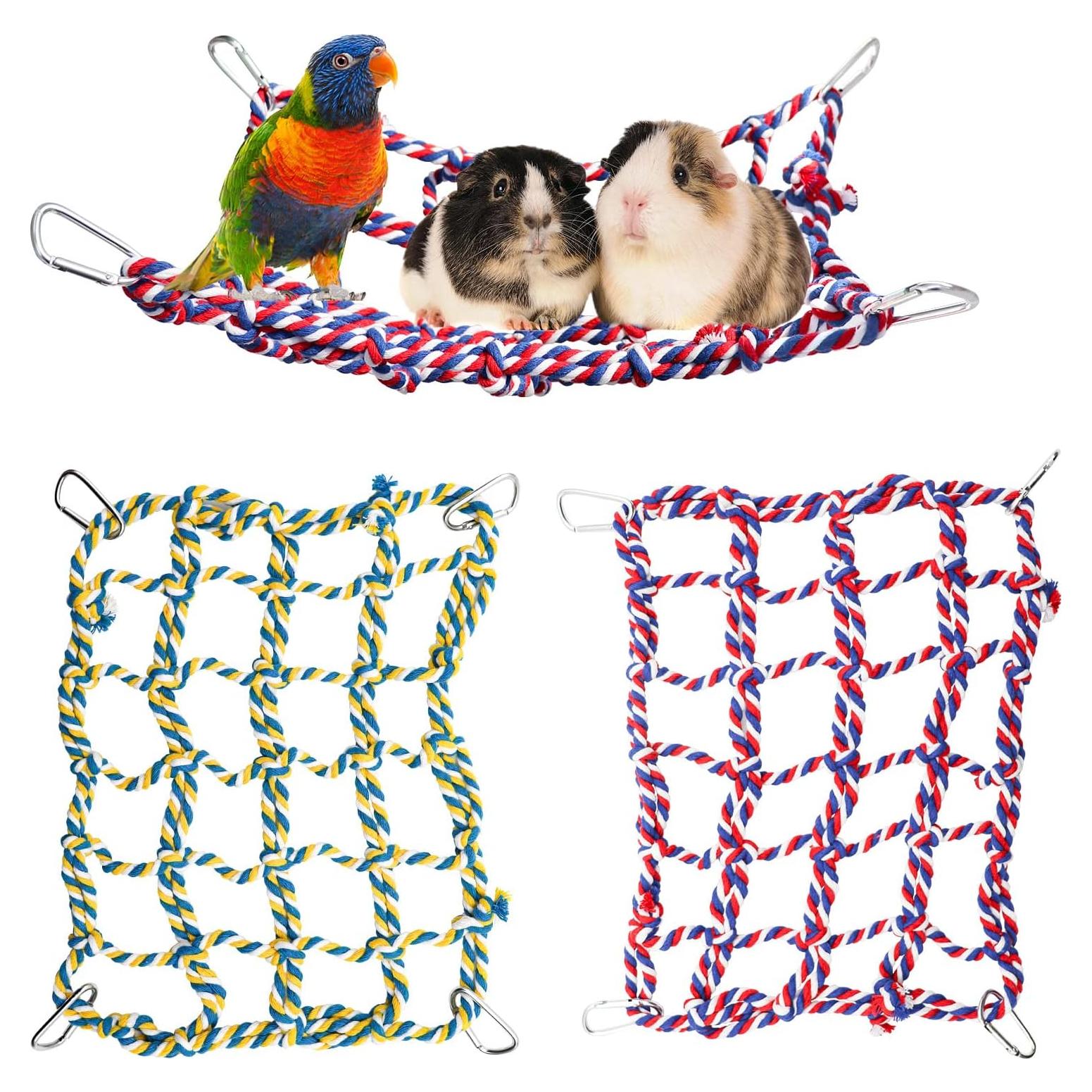 2 Pack Colorful Bird Rope Net, Pet Hanging Hammock, Rat Climbing Ladder Bridge Toys, Cage Decor Accessories for Small Animals Parakeets Cockatiels Hamster Ferret Lovebirds Guinea Pig- 11 × 8 inch
