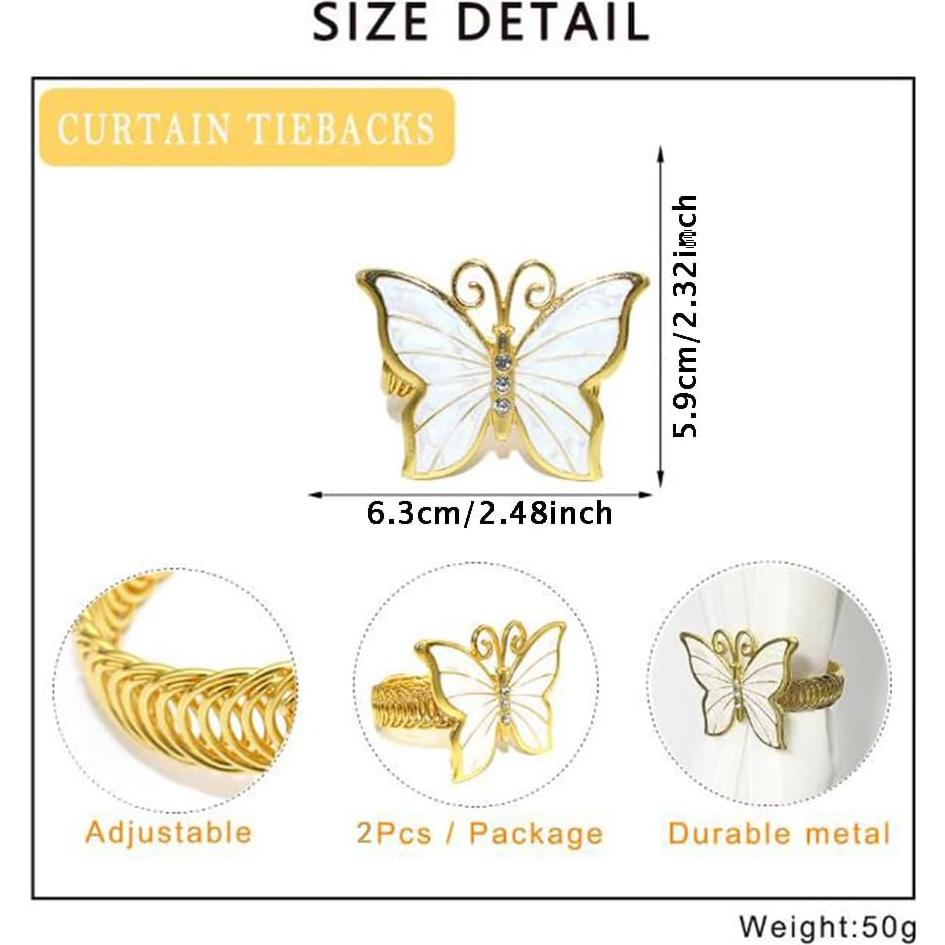 Butterfly Curtain Tiebacks, 2 Pack Lovely Butterfly Curtain Tie glrovazas Gold Curtain Tieback Decorative Drape, Window Curtain Decorative Buckle Holder for Home Office Cafe Balcony