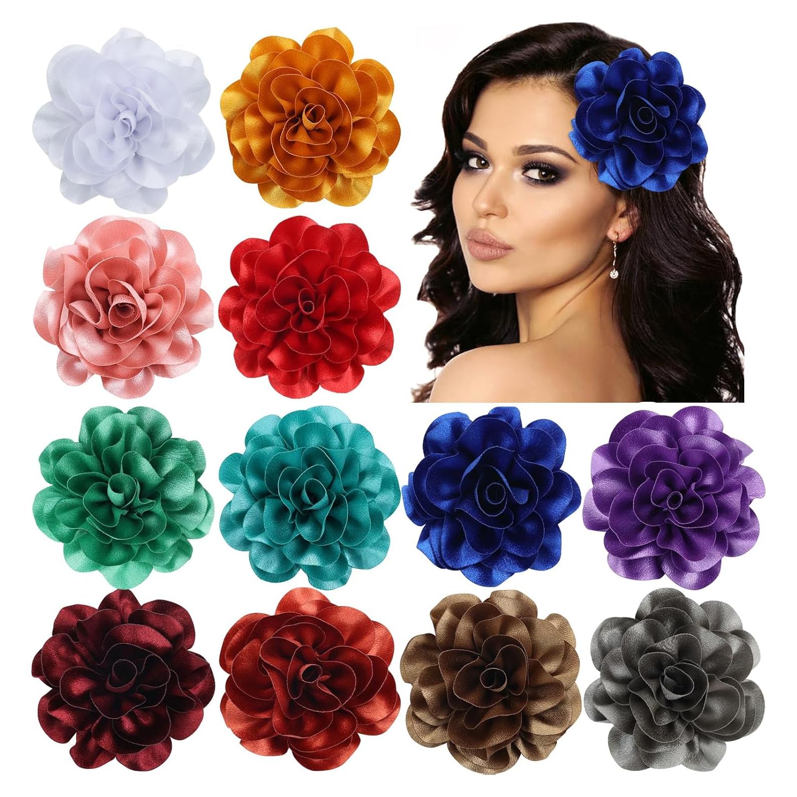 Paquete de 12 Clips de Pelo Flor Grande Dizila - Satén Sólido