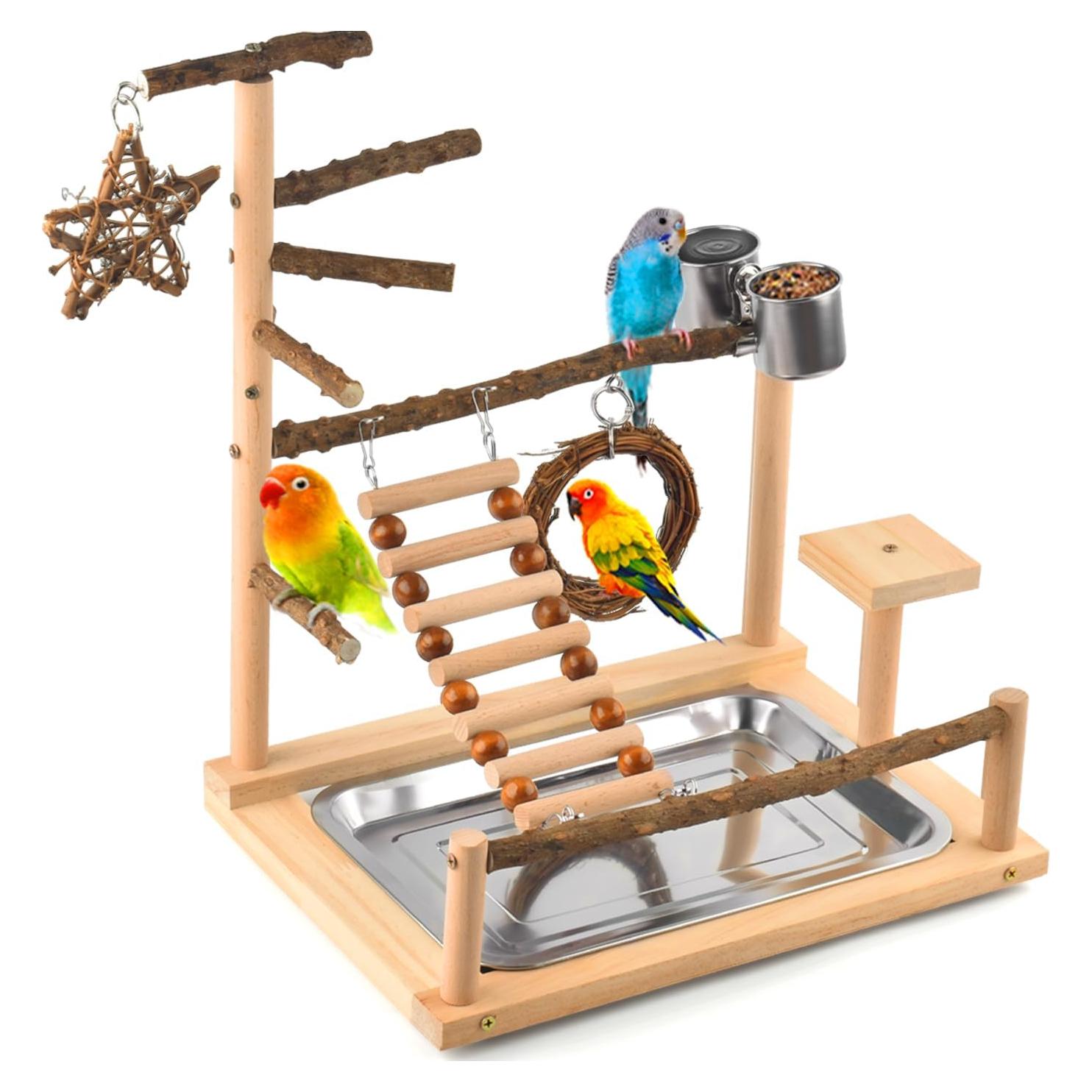 Parque para Aves KATUMO con Perchas de Madera y Tazas de Acero