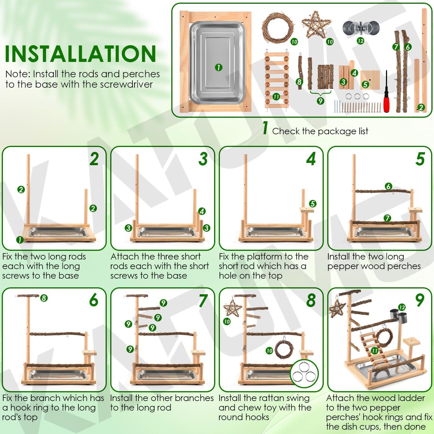 Parque para Aves KATUMO con Perchas de Madera y Tazas de Acero