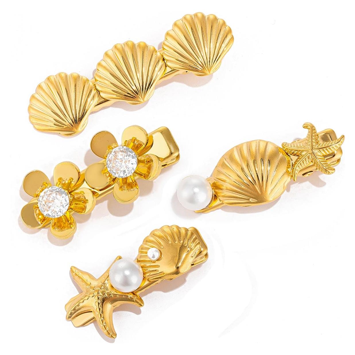 Clip de Pelo de Perla de Concha de Oro SICOPEE - 4 Piezas 3.56 cm