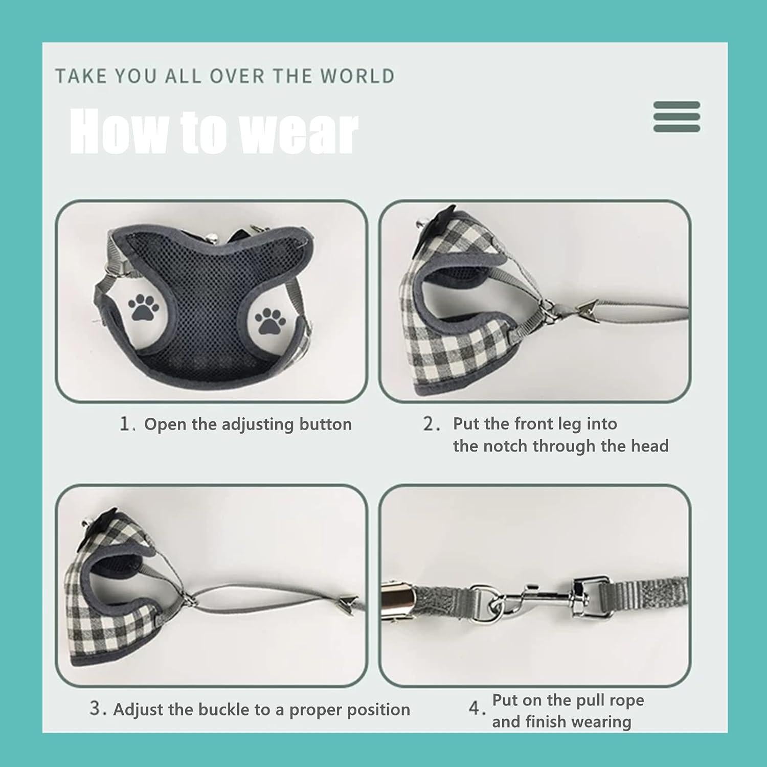 Arnés Ajustable para Gato, Perro y Conejo Kcjuoam XS Gris