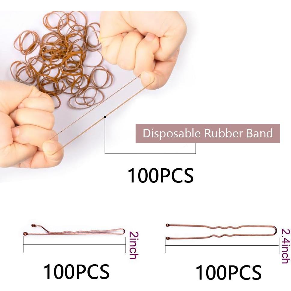 Kit de 300 Pinzas para el Cabello Marrón - 100 Bobby, 100 en U, 100 Bandas
