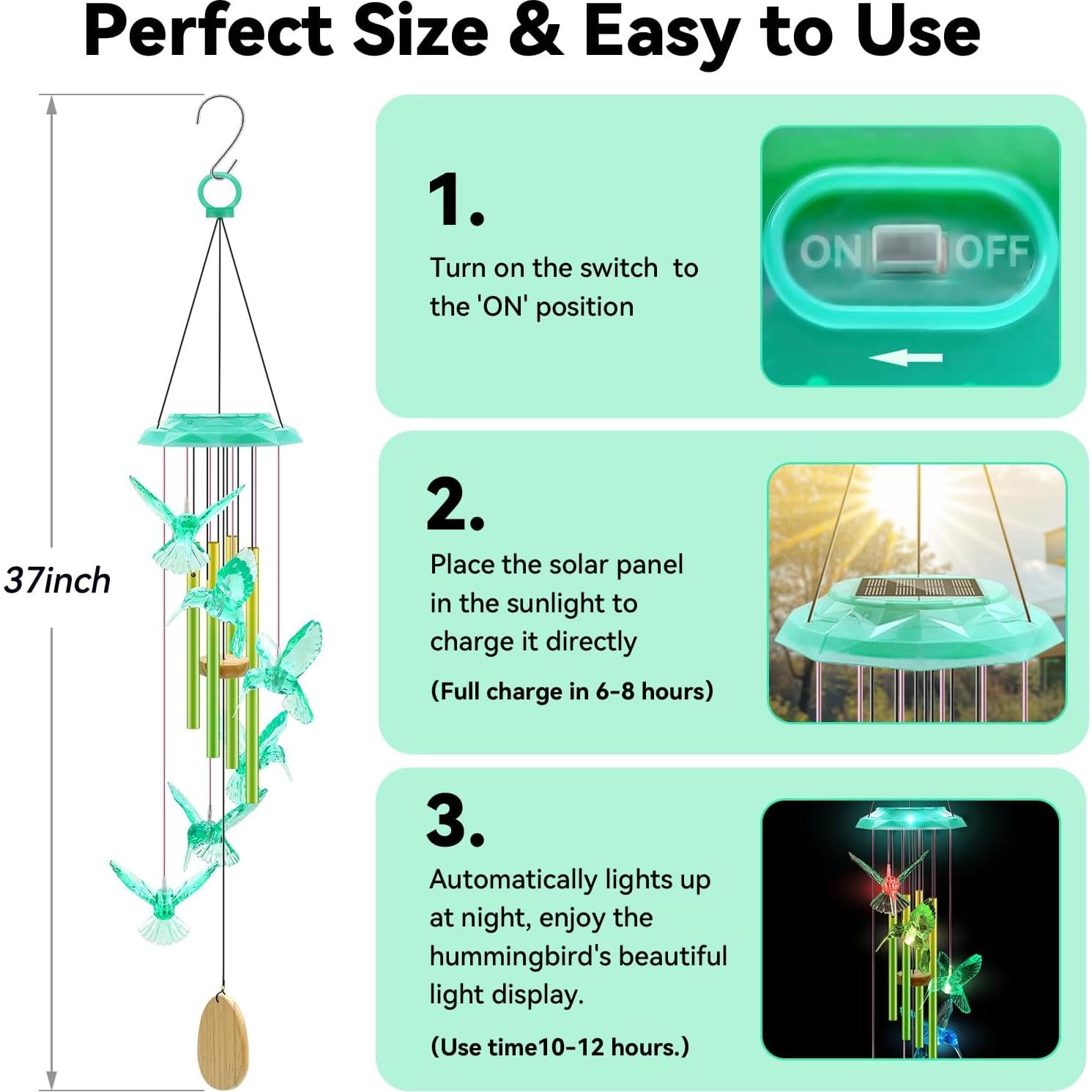Campana de Viento Solar WANQDG Verde 94 cm con Luz LED
