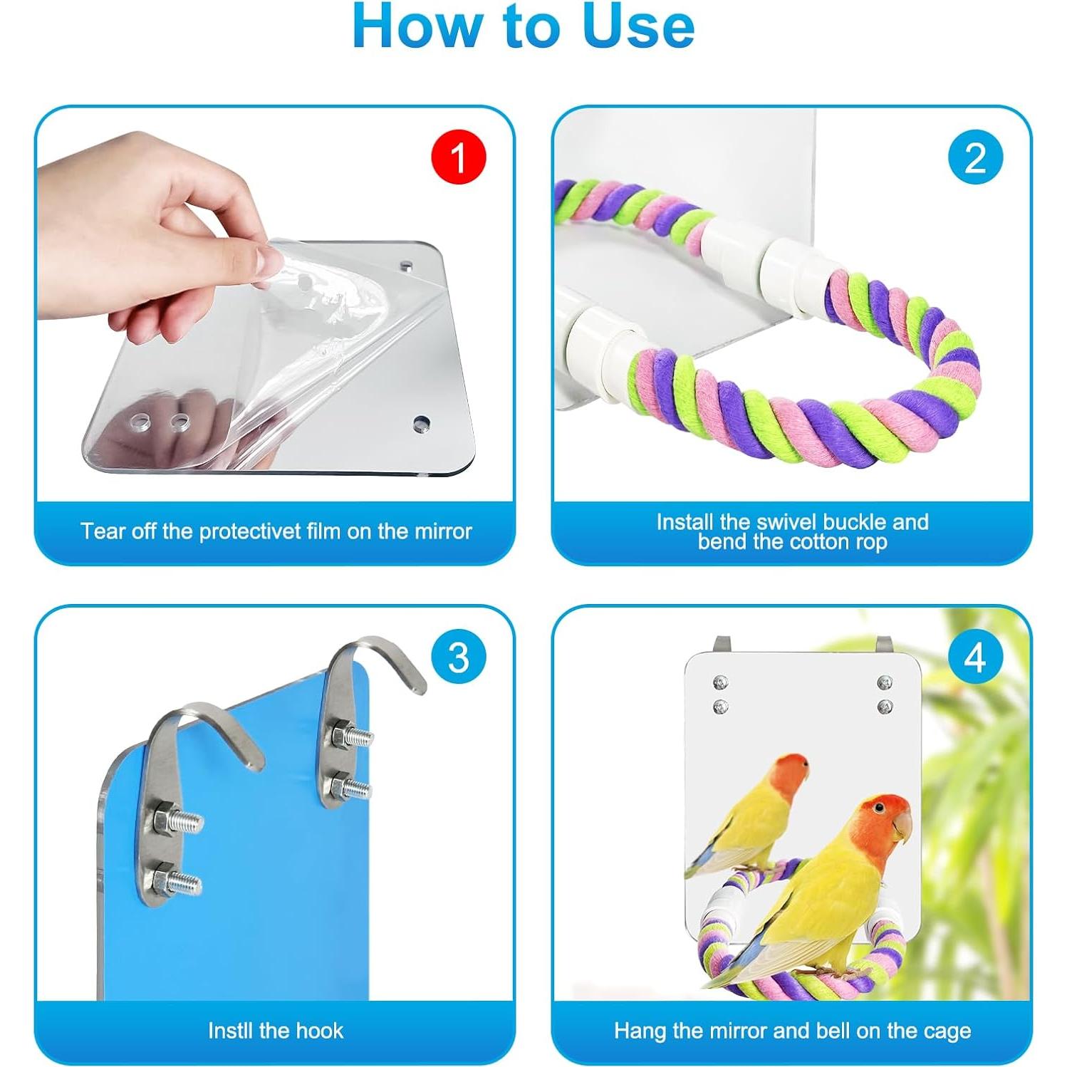 Espejo para Aves LOPERDEVE 15x15cm con Percha de Cuerda