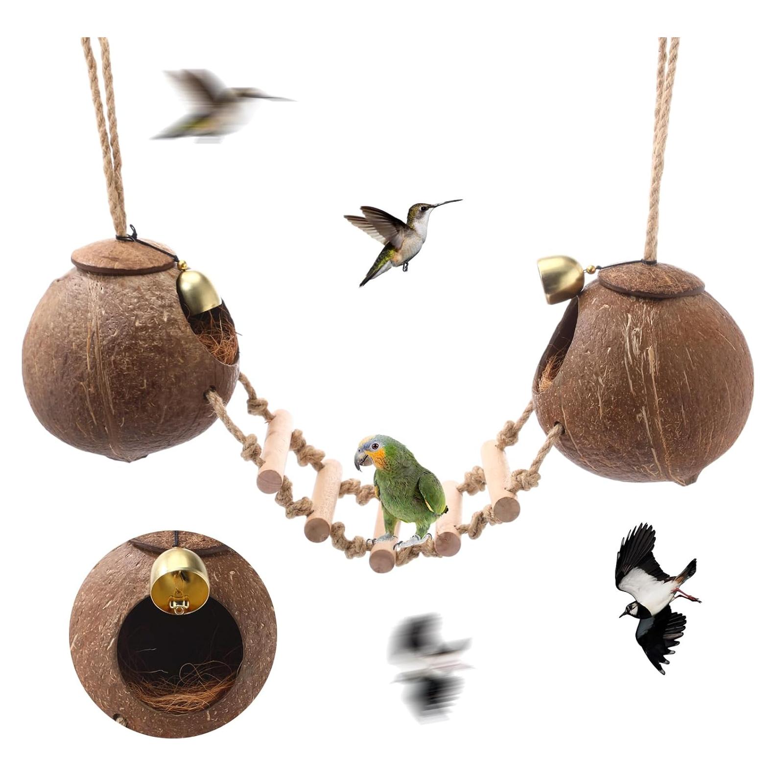 Nido de Coco Natural para Aves Briwooody con Escaleras y Campana
