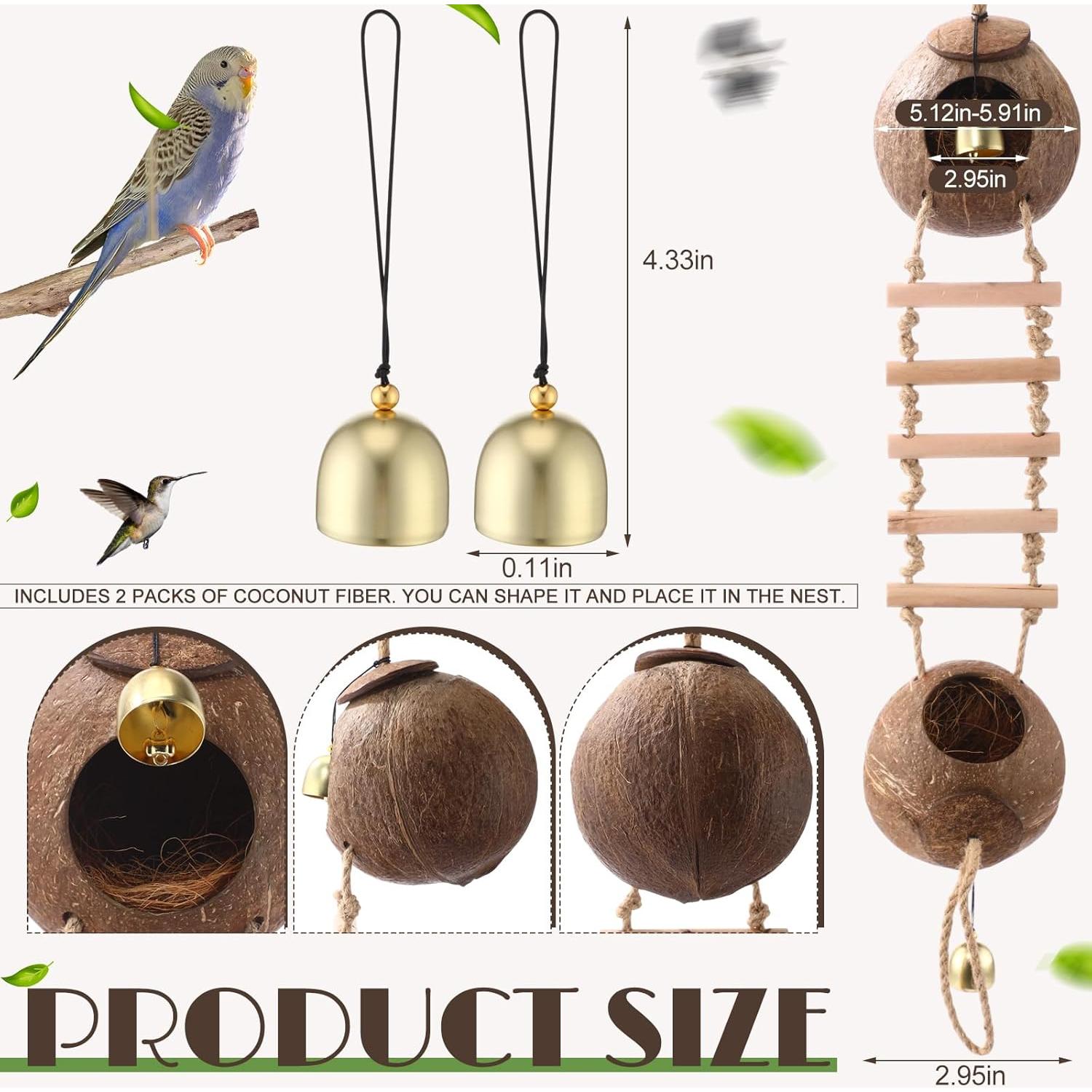 Nido de Coco Natural para Aves Briwooody con Escaleras y Campana