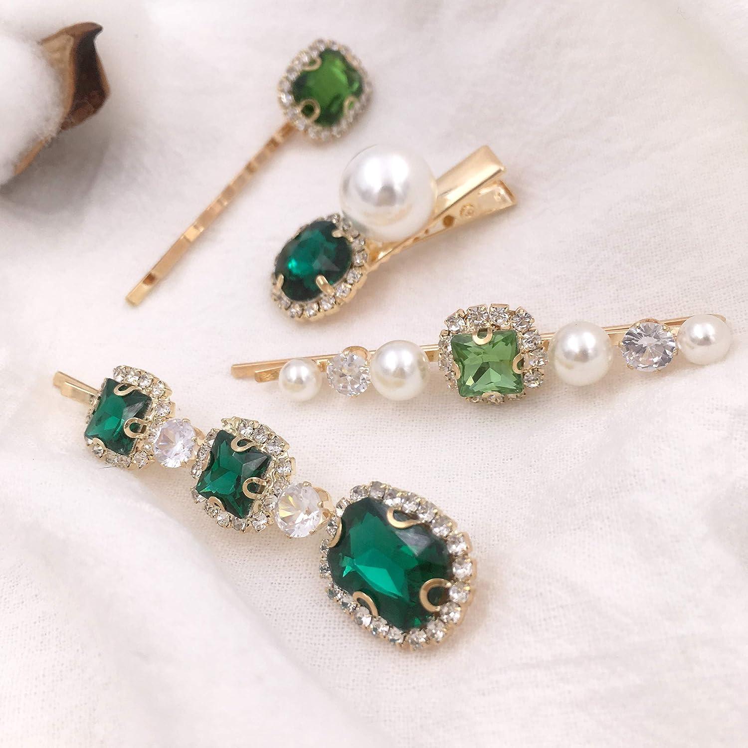 4 Horquillas Decorativas de Perlas Cristal Verde EasyTech