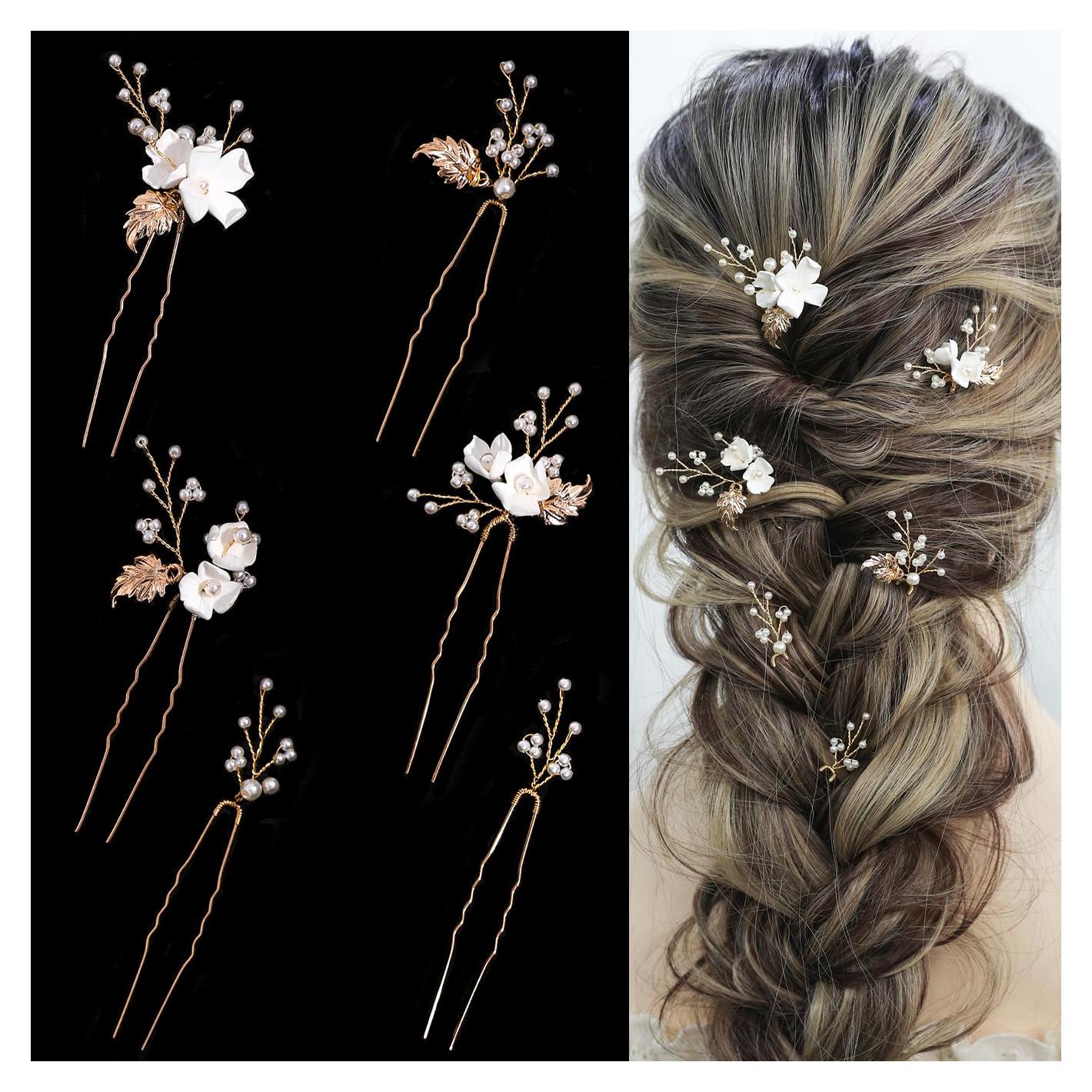 Horquillas de Novia SELFCLOUD 6 Pcs Perlas Flor Blanca Dorada