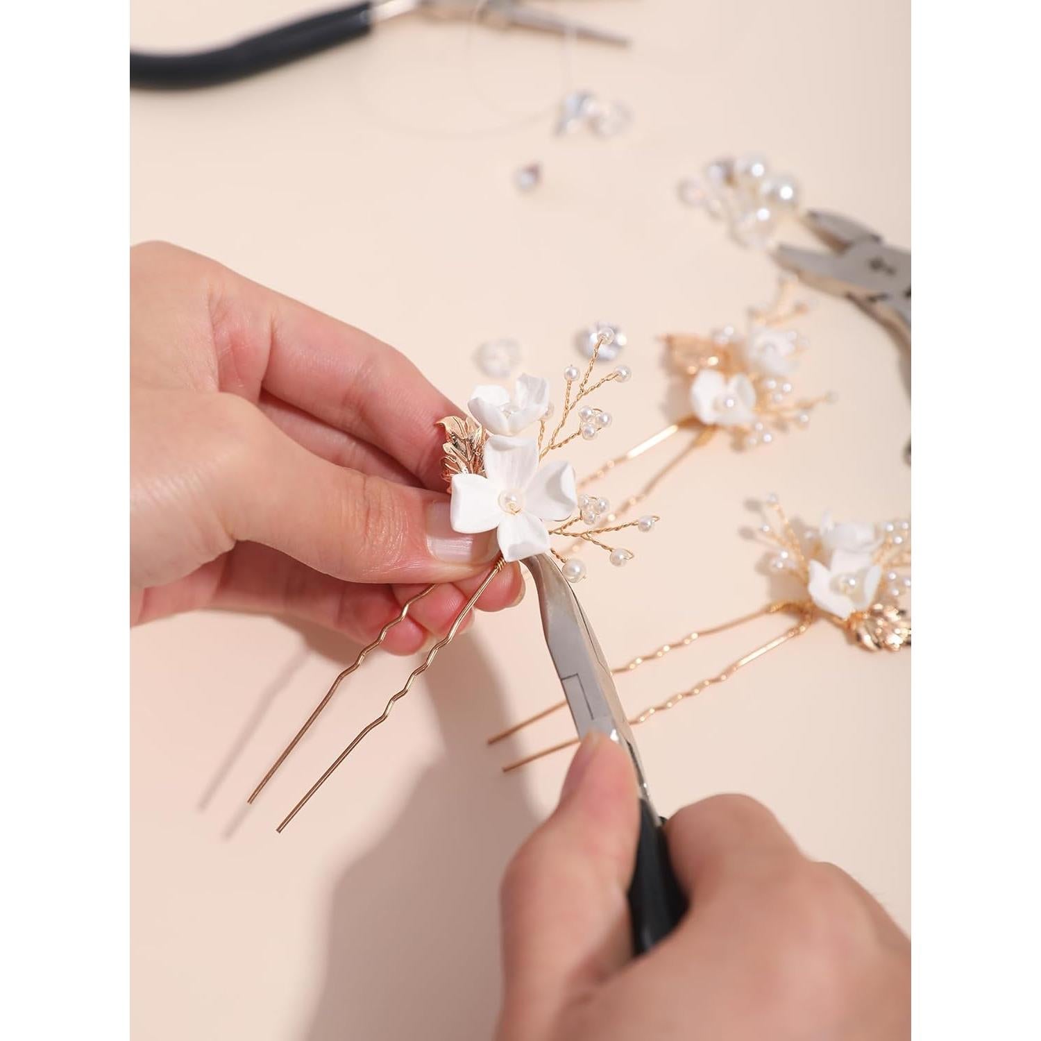 Horquillas de Novia SELFCLOUD 6 Pcs Perlas Flor Blanca Dorada