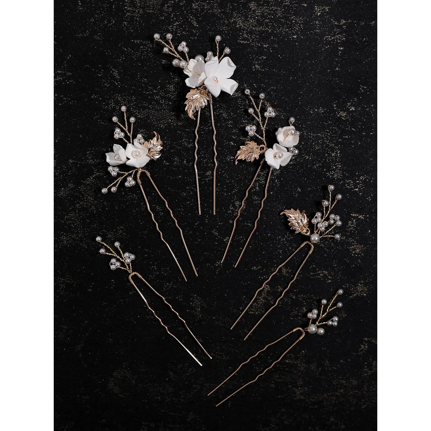 Horquillas de Novia SELFCLOUD 6 Pcs Perlas Flor Blanca Dorada