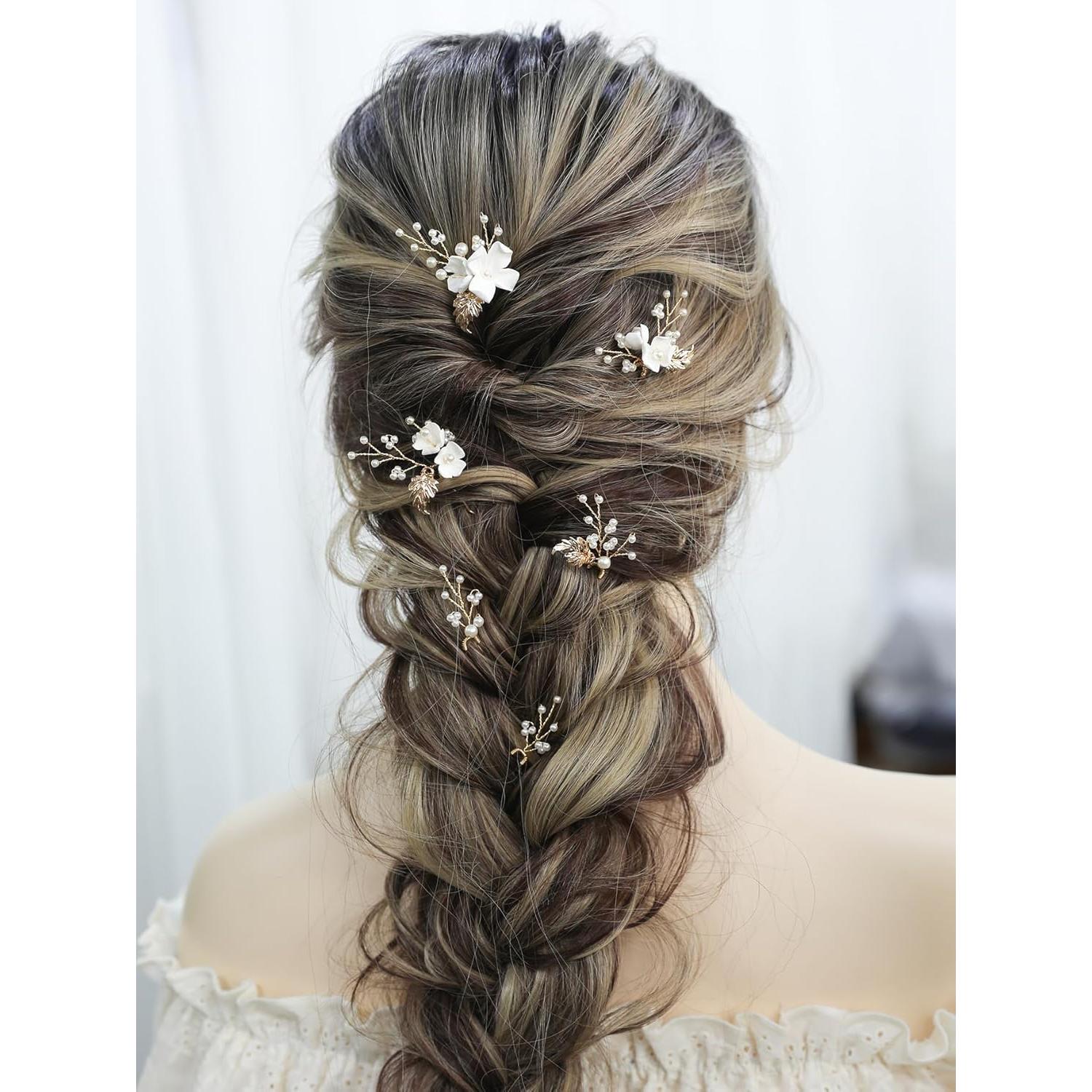 Horquillas de Novia SELFCLOUD 6 Pcs Perlas Flor Blanca Dorada