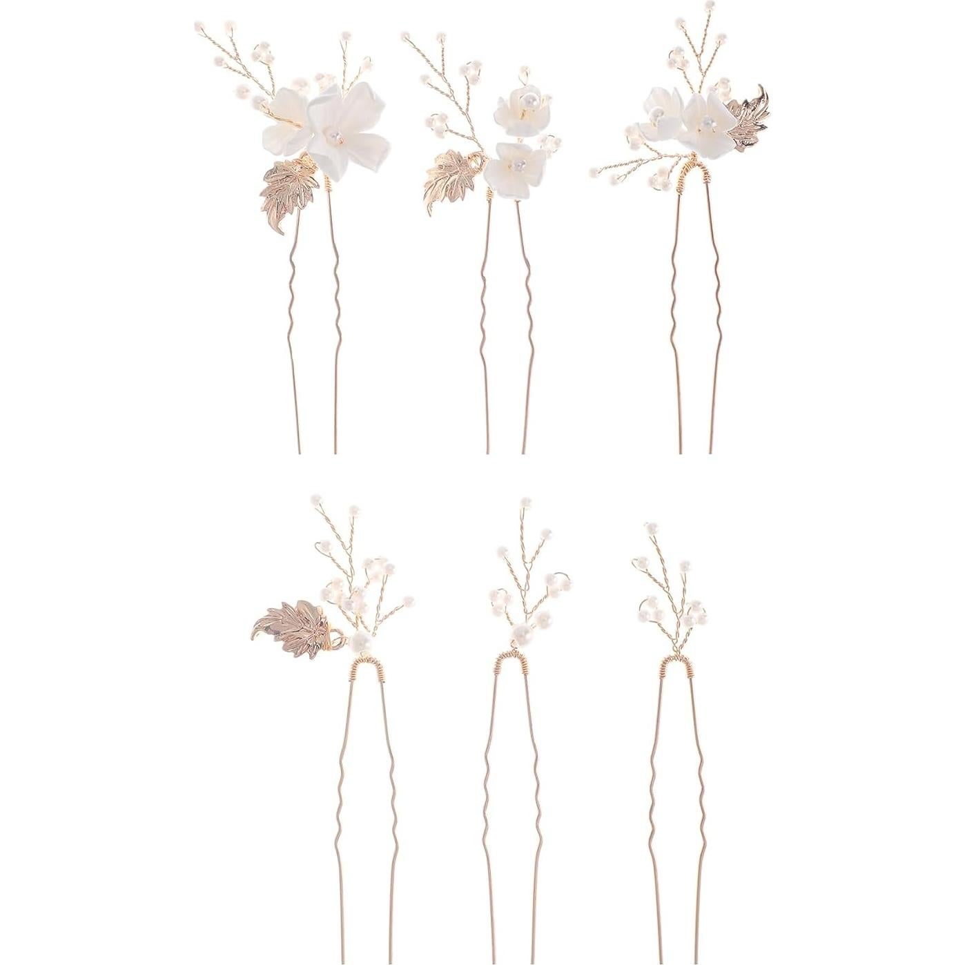 Horquillas de Novia SELFCLOUD 6 Pcs Perlas Flor Blanca Dorada