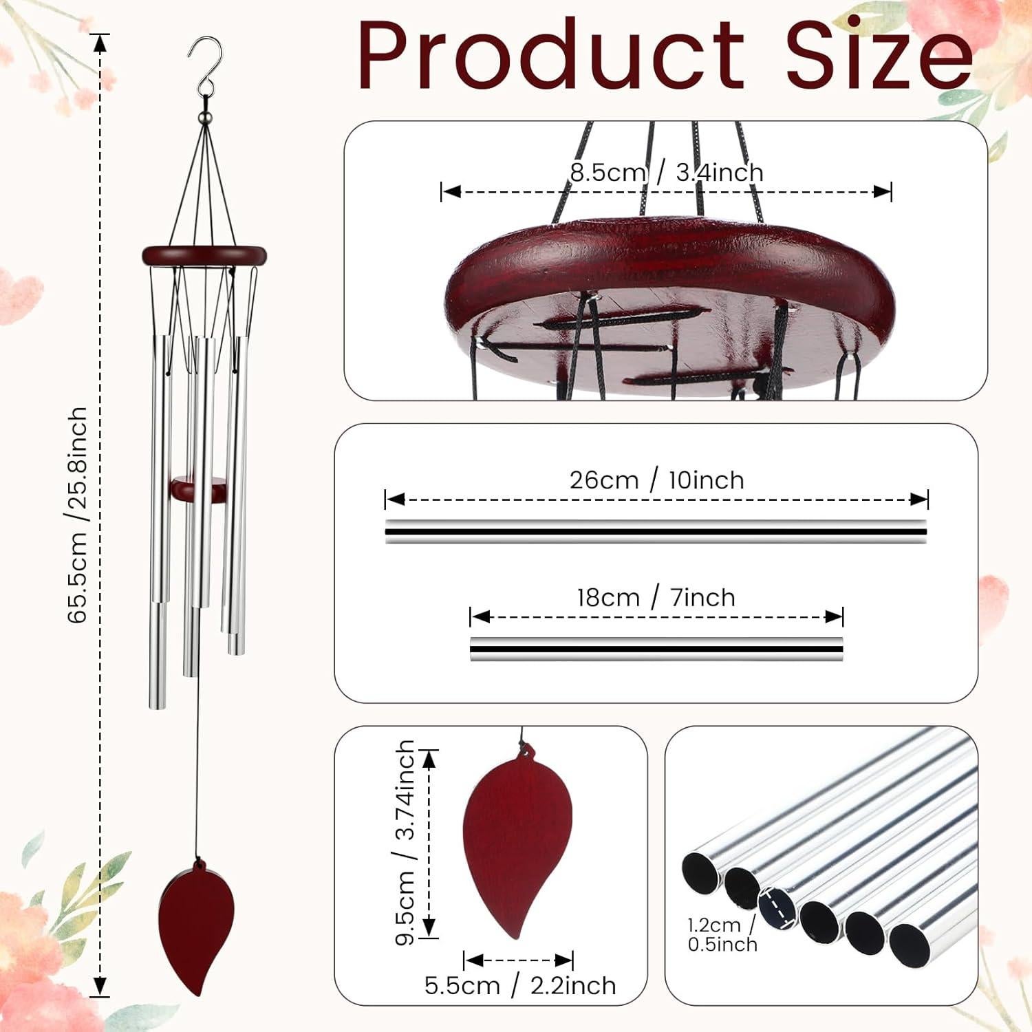 Campanas de Viento Yahenda 6 Pcs 71 cm Aluminio Plata Madera Roja