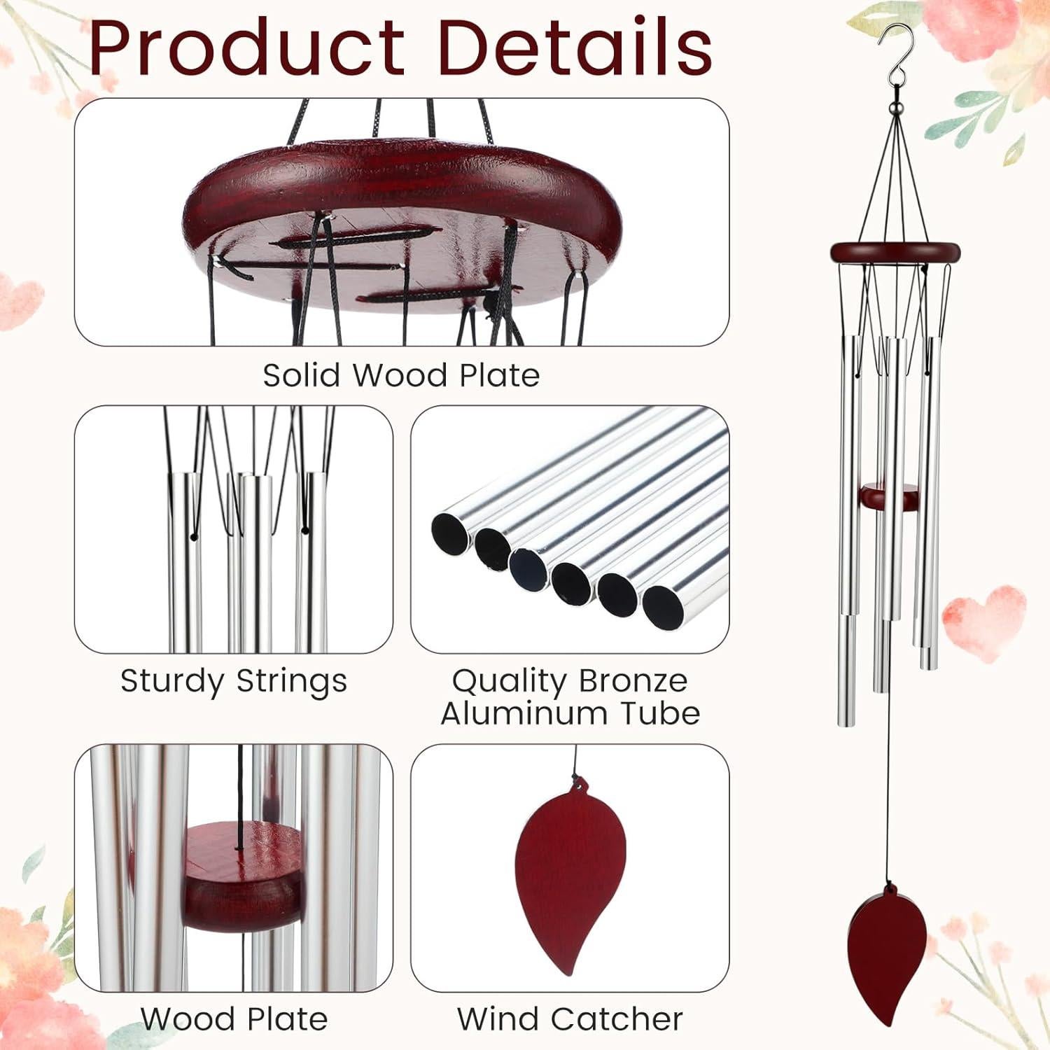 Campanas de Viento Yahenda 6 Pcs 71 cm Aluminio Plata Madera Roja