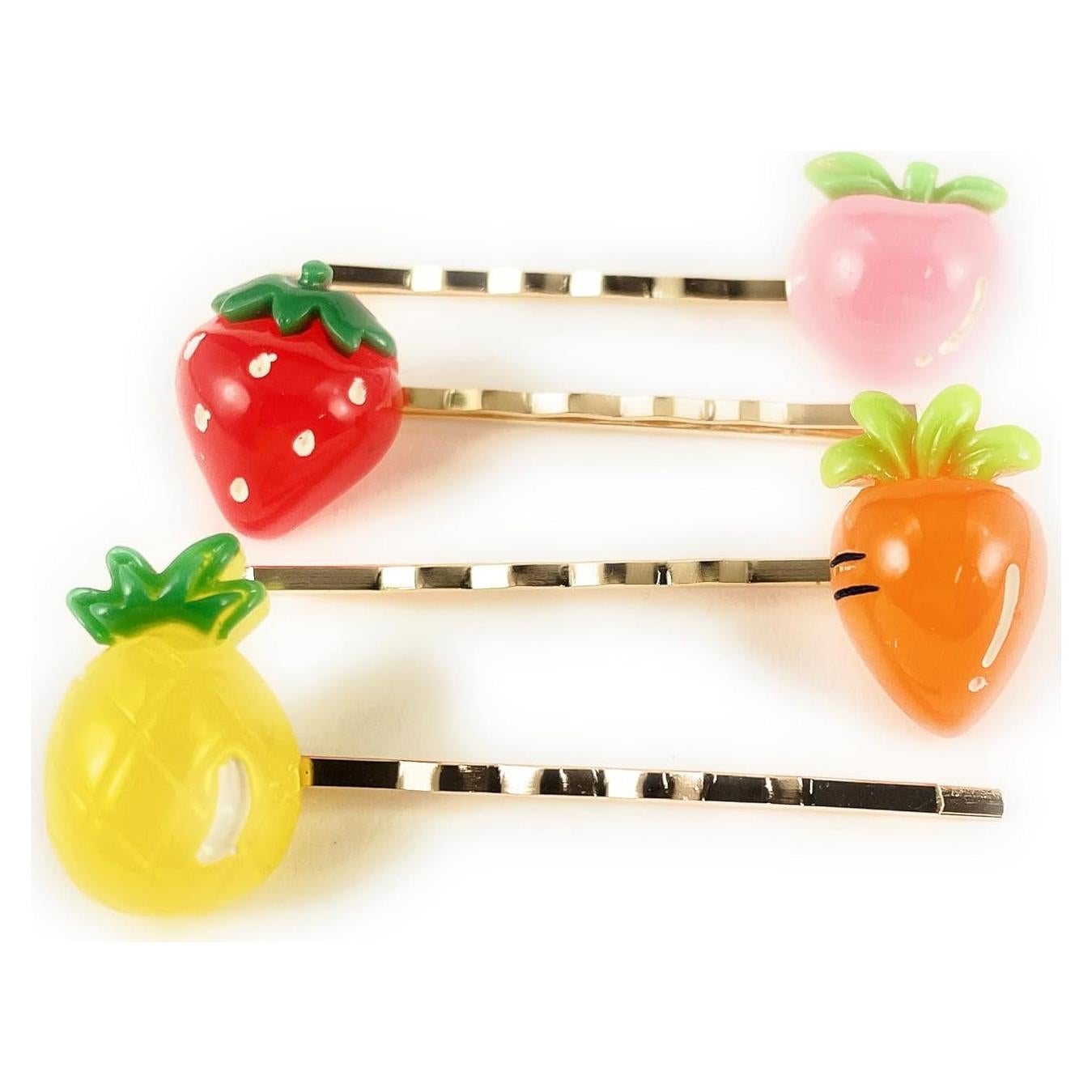 Set de 4 Pinzas de Cabello Doradas - Manzana, Fresa, Zanahoria, Piña