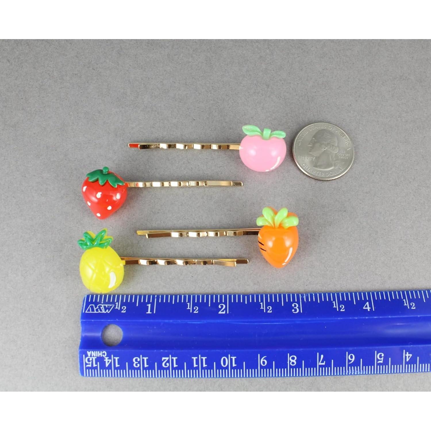 Set de 4 Pinzas de Cabello Doradas - Manzana, Fresa, Zanahoria, Piña