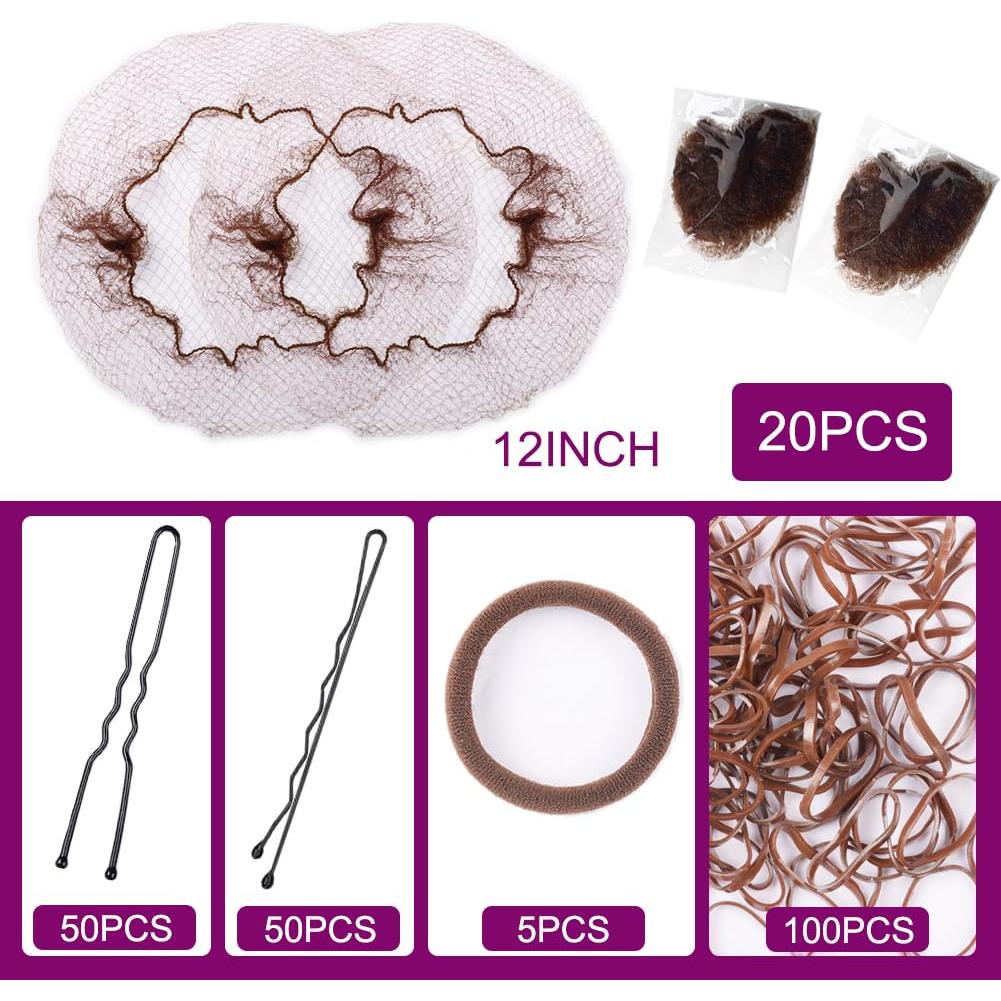 225PCS Juego de Redes para Cabello Marrón 30cm con Horquillas