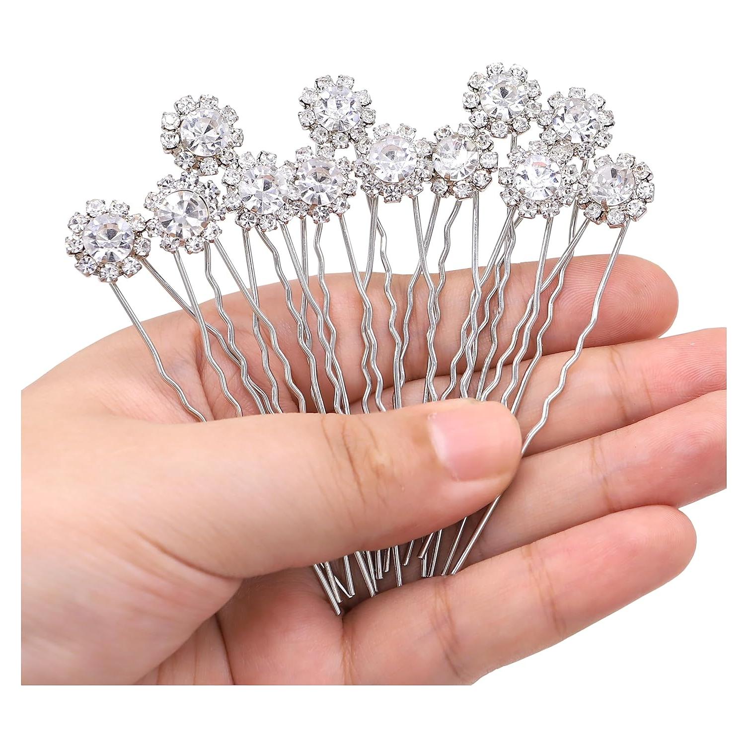 Pinzas para Cabello de Novia JINA con Rhinestones - Set de 12 Plata