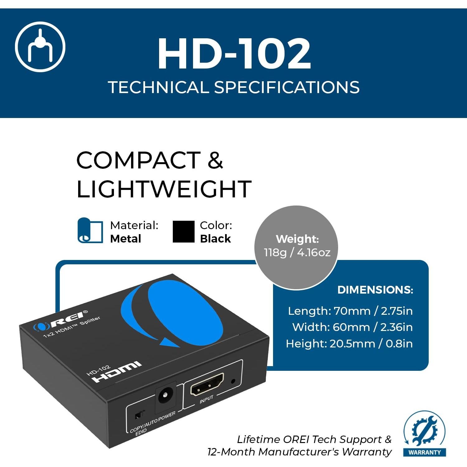 Divisor HDMI 1x2 OREI HD-102 4K@30Hz Espejo TV