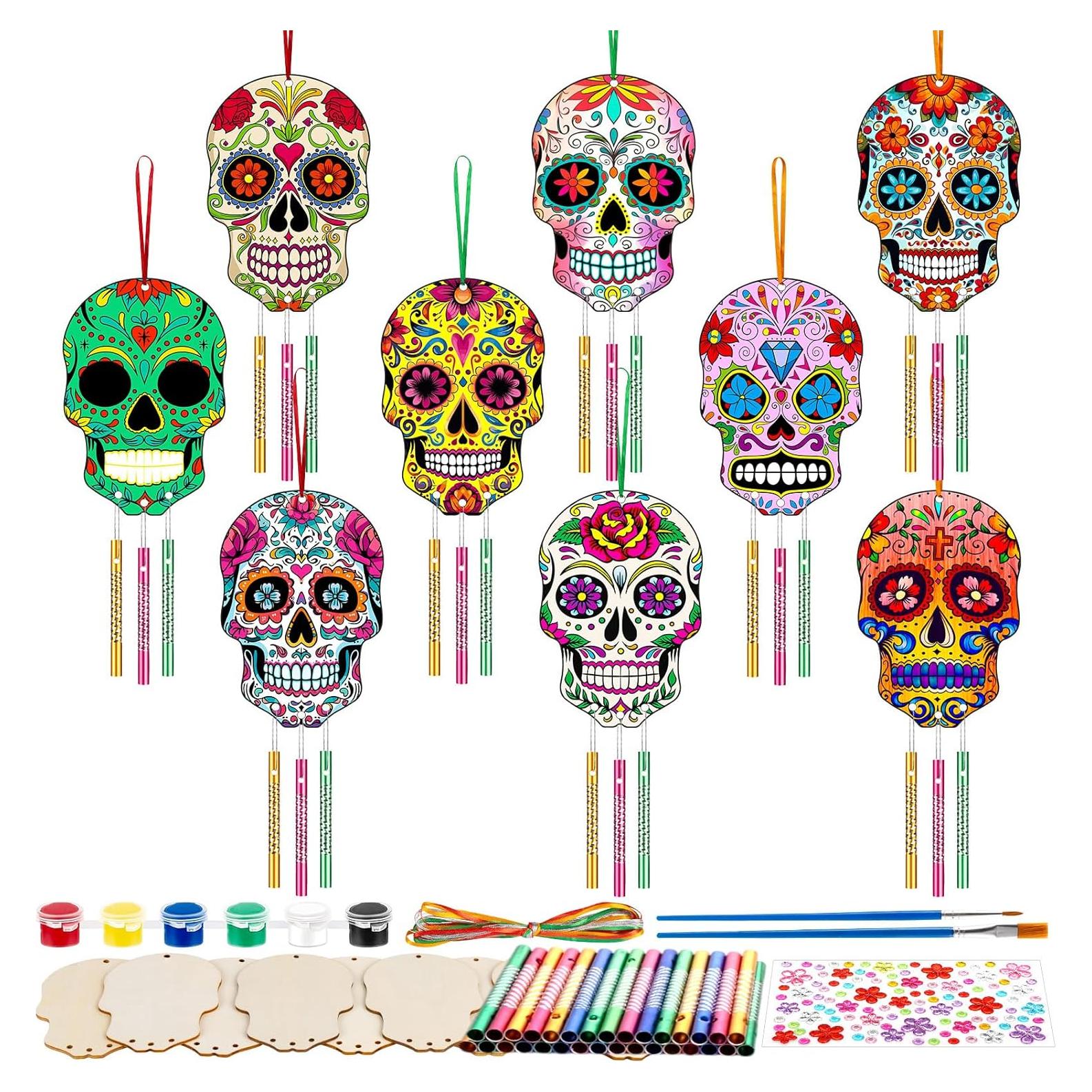 XJWWHZ 9 Pcs Halloween Skull Wind Chime Kit, DIY Wooden Skeleton Wind Chimes Wooden Crafts for Kids, Birthday, Party Decoration