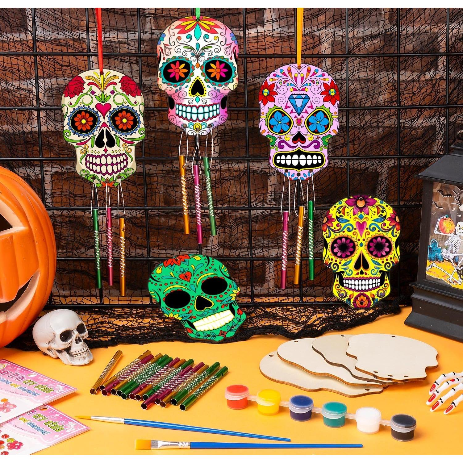 XJWWHZ 9 Pcs Halloween Skull Wind Chime Kit, DIY Wooden Skeleton Wind Chimes Wooden Crafts for Kids, Birthday, Party Decoration