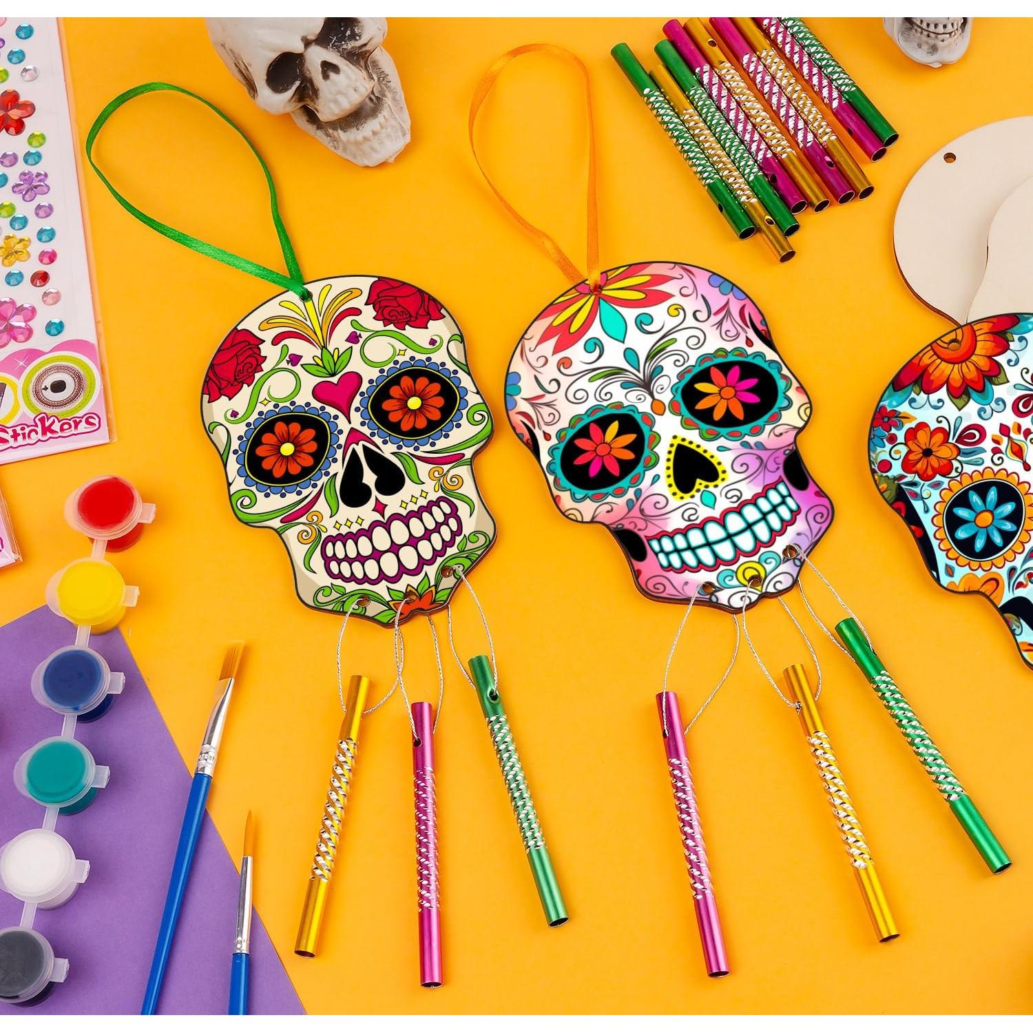 XJWWHZ 9 Pcs Halloween Skull Wind Chime Kit, DIY Wooden Skeleton Wind Chimes Wooden Crafts for Kids, Birthday, Party Decoration