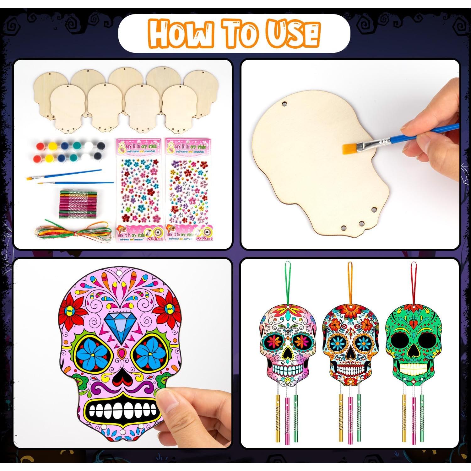 XJWWHZ 9 Pcs Halloween Skull Wind Chime Kit, DIY Wooden Skeleton Wind Chimes Wooden Crafts for Kids, Birthday, Party Decoration