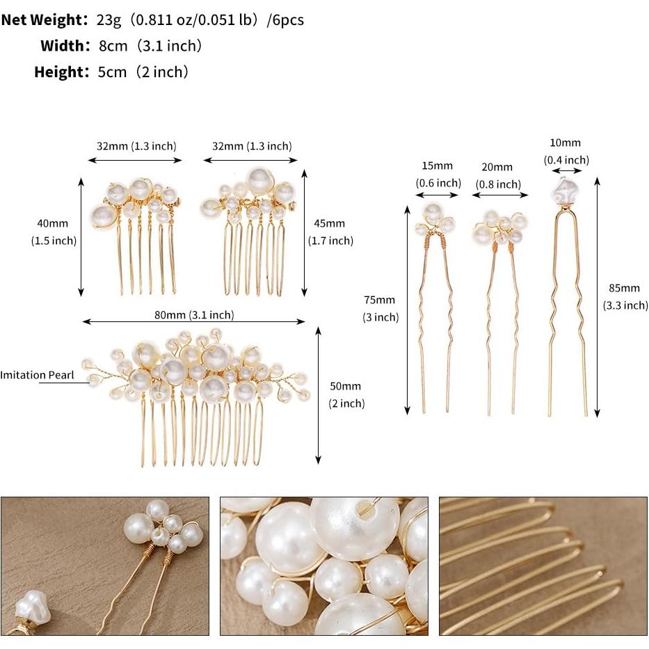 Set 5 Peines de Perlas Foyte para Novias y Damas de Honor