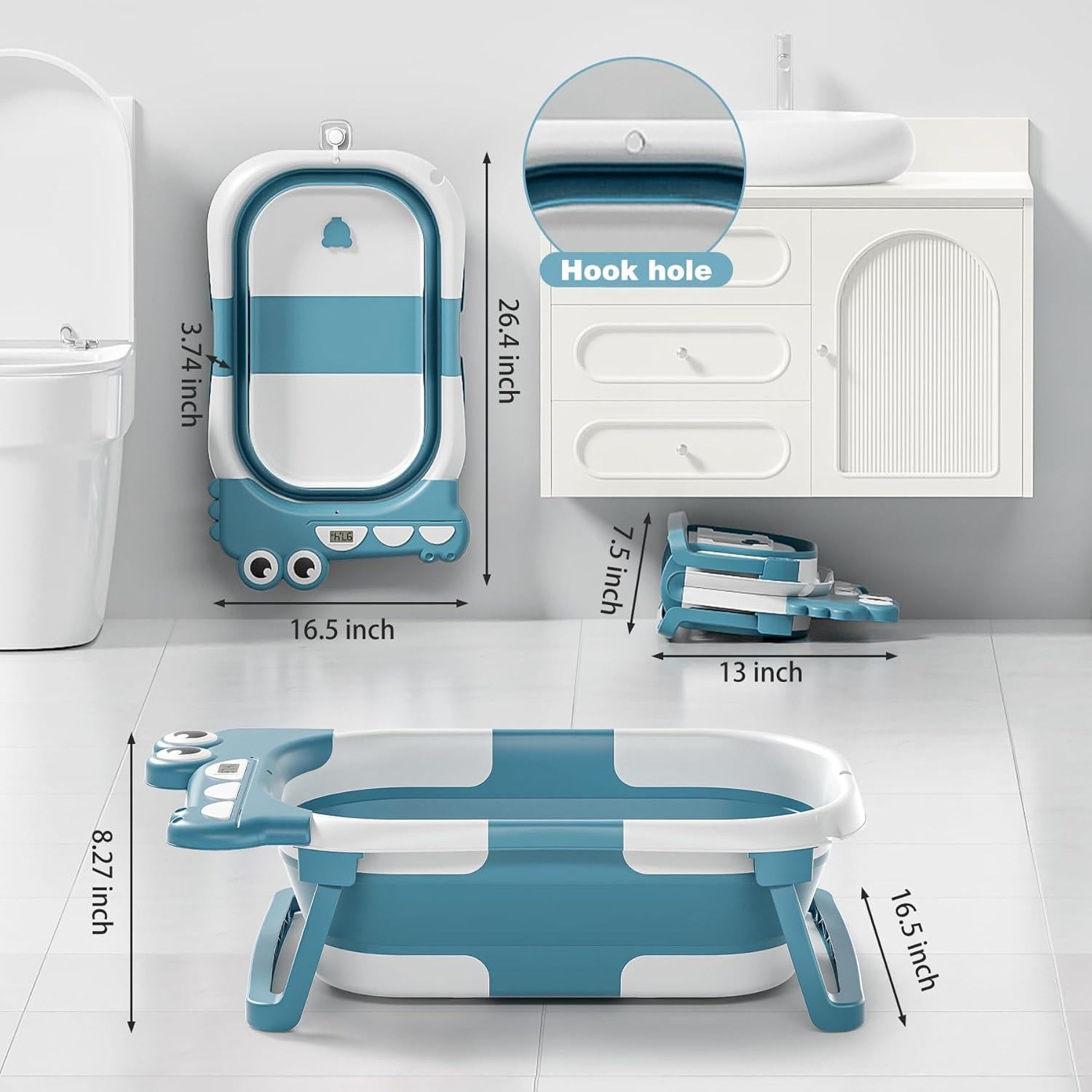 Bañera Plegable para Bebés Tavlshero con Termómetro Azul