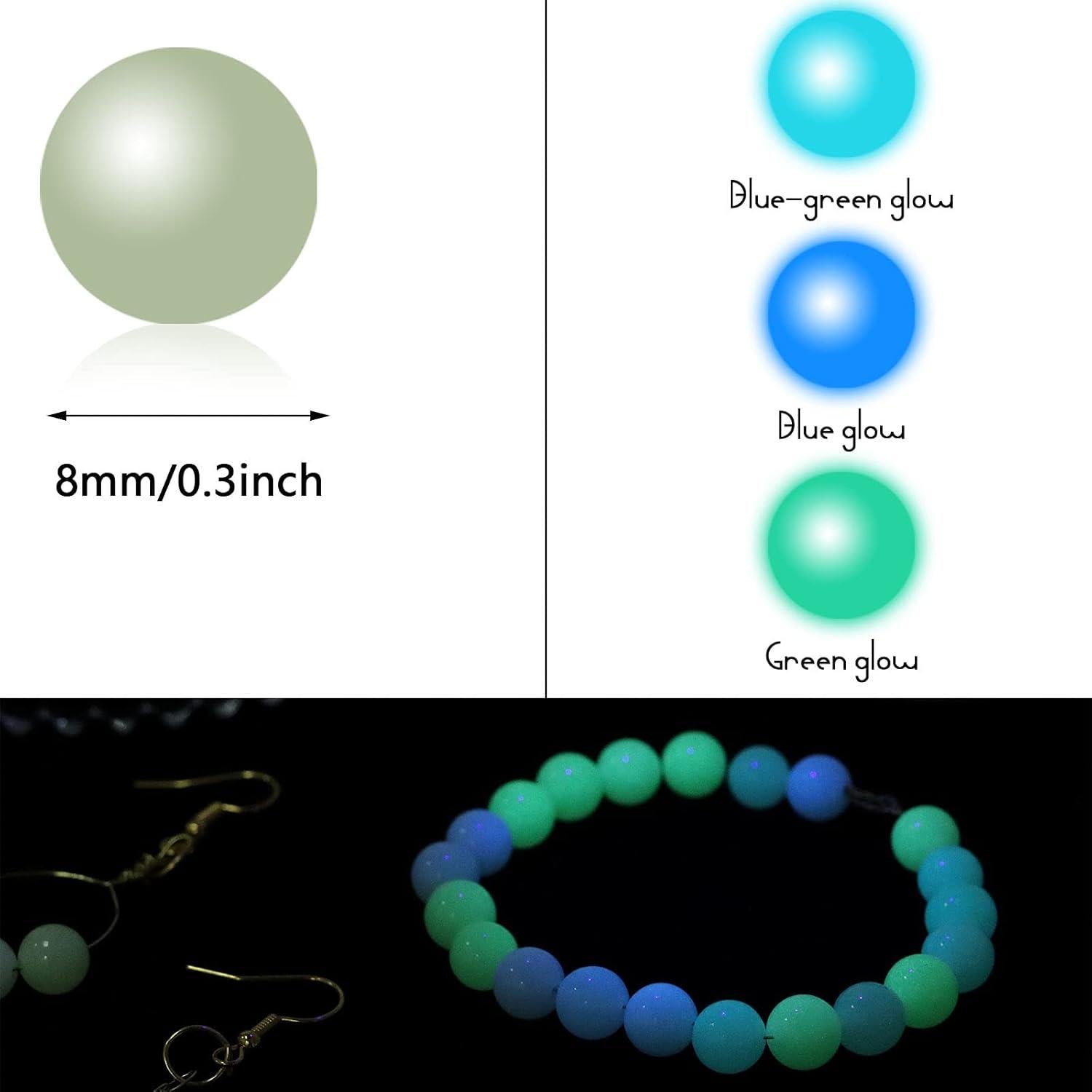 200 Perlas Luminiscentes Beupy 8mm Azul Verde para Joyería DIY
