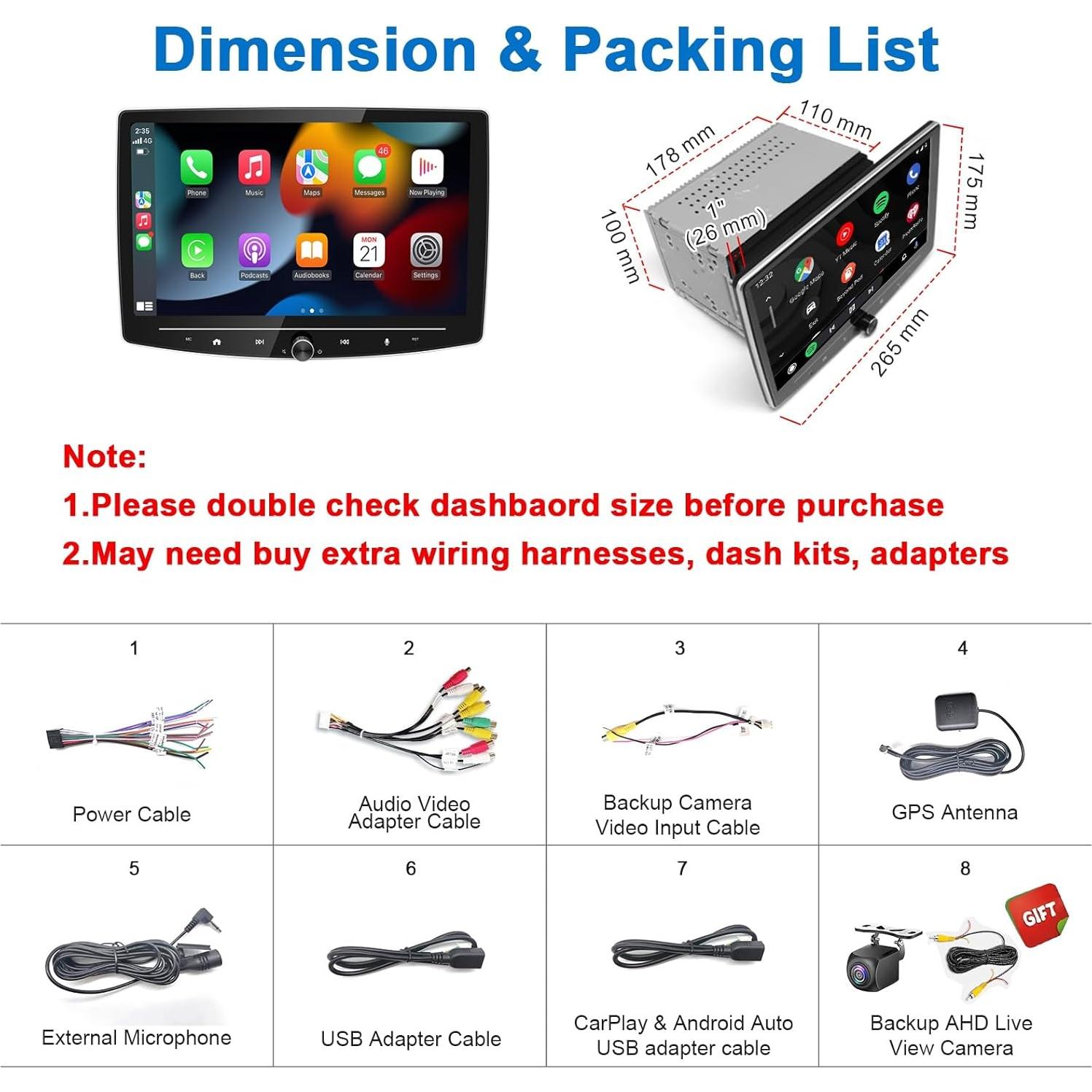 Estéreo de coche Doble Din 10" LEROAADZ con CarPlay y Android Auto