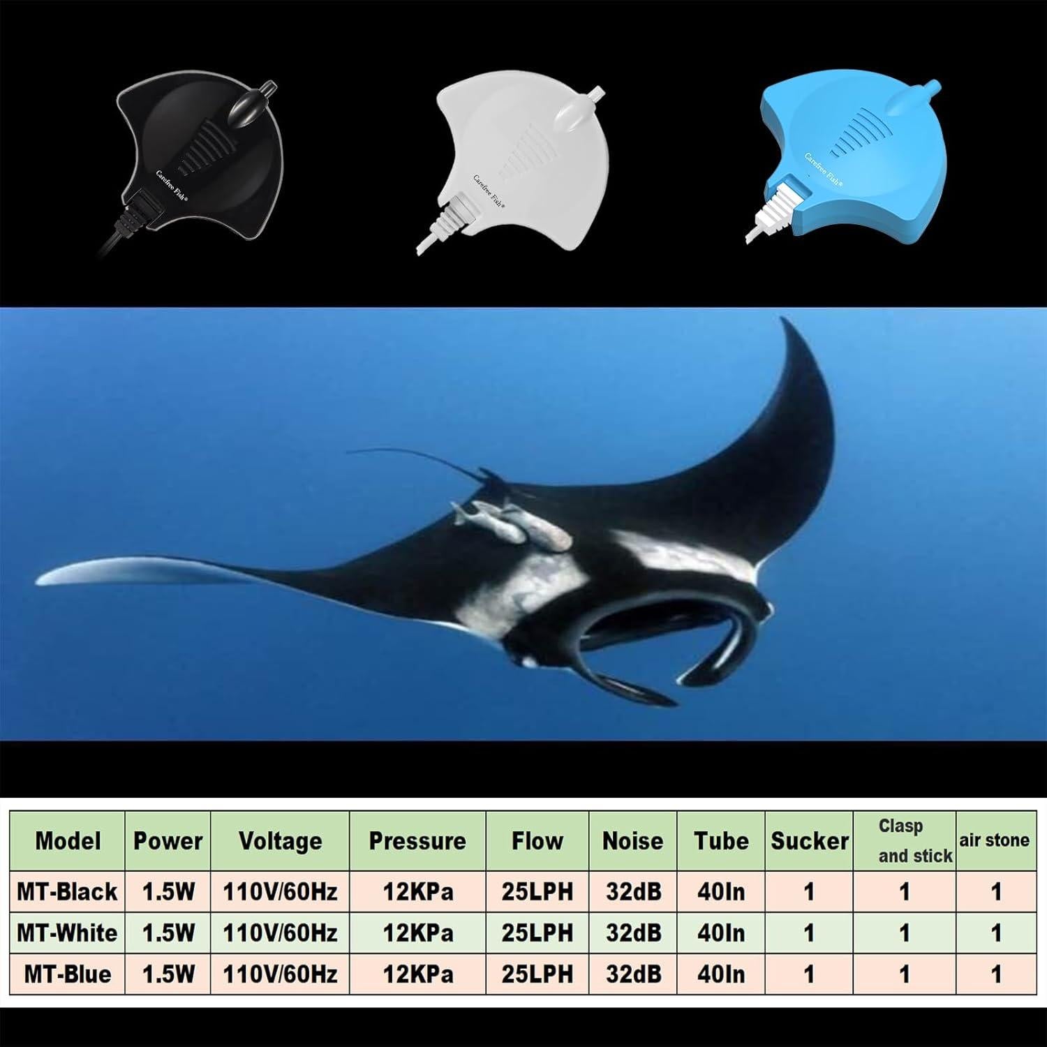 Bomba de Aire Mini Carefree Fish 1.5W Silenciosa para Acuario