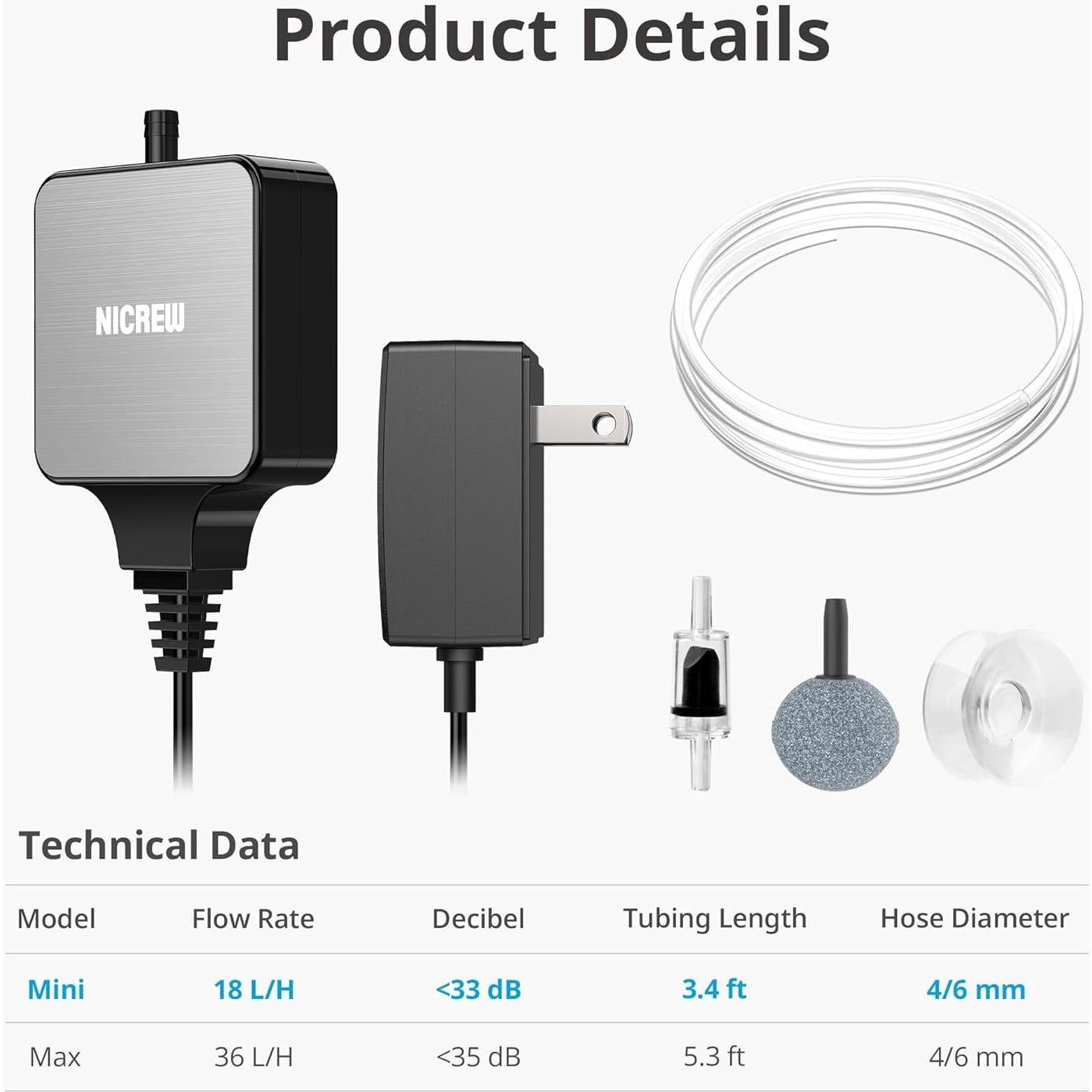 Bomba de Aire Silenciosa NICREW para Acuario 37.85L Negra